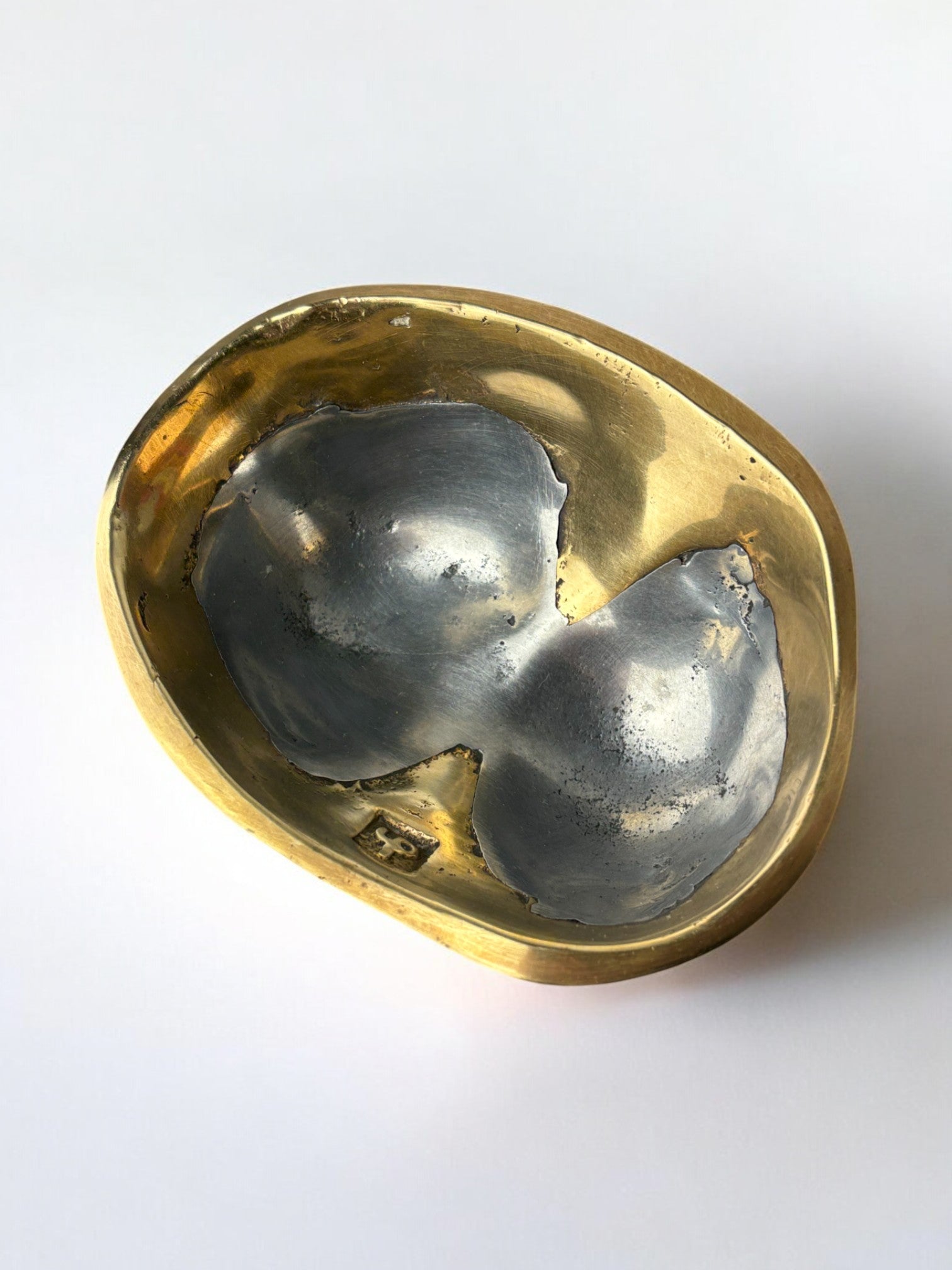 Brutalist Vide-poches by David Marshall, Spain, 1970s — angled view highlighting brass and silver finish