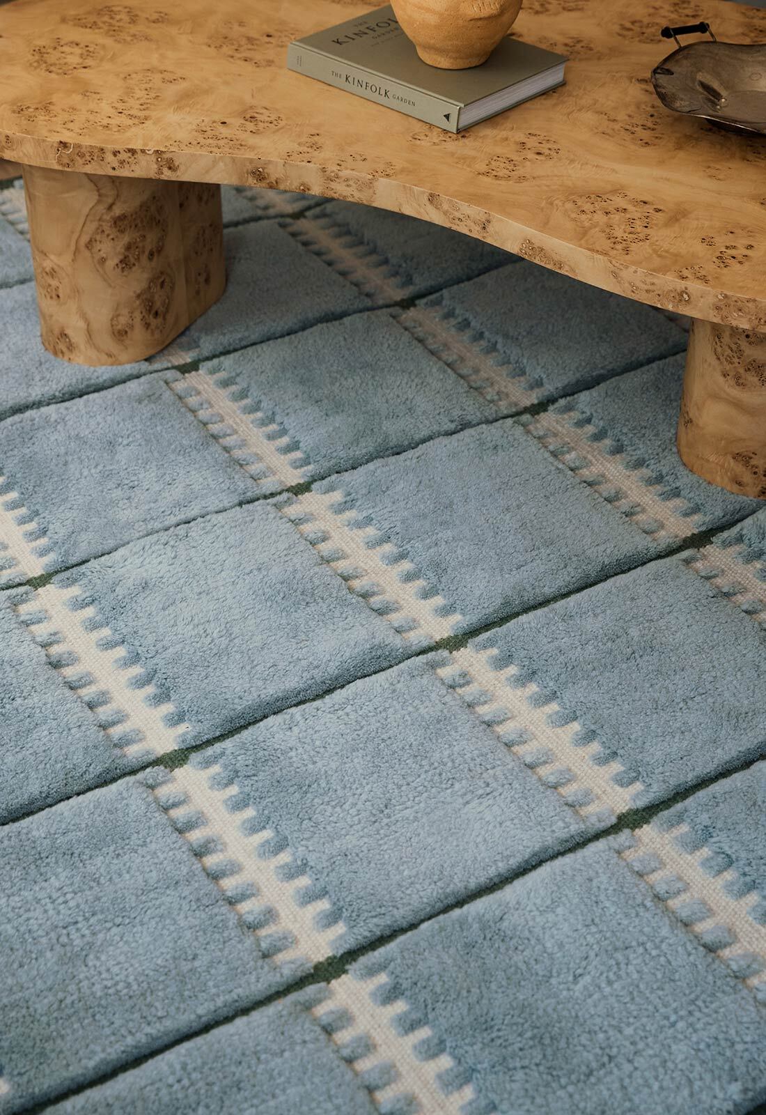 'Lilly' Handwoven Rug in New Zealand Wool, Blue — close-up