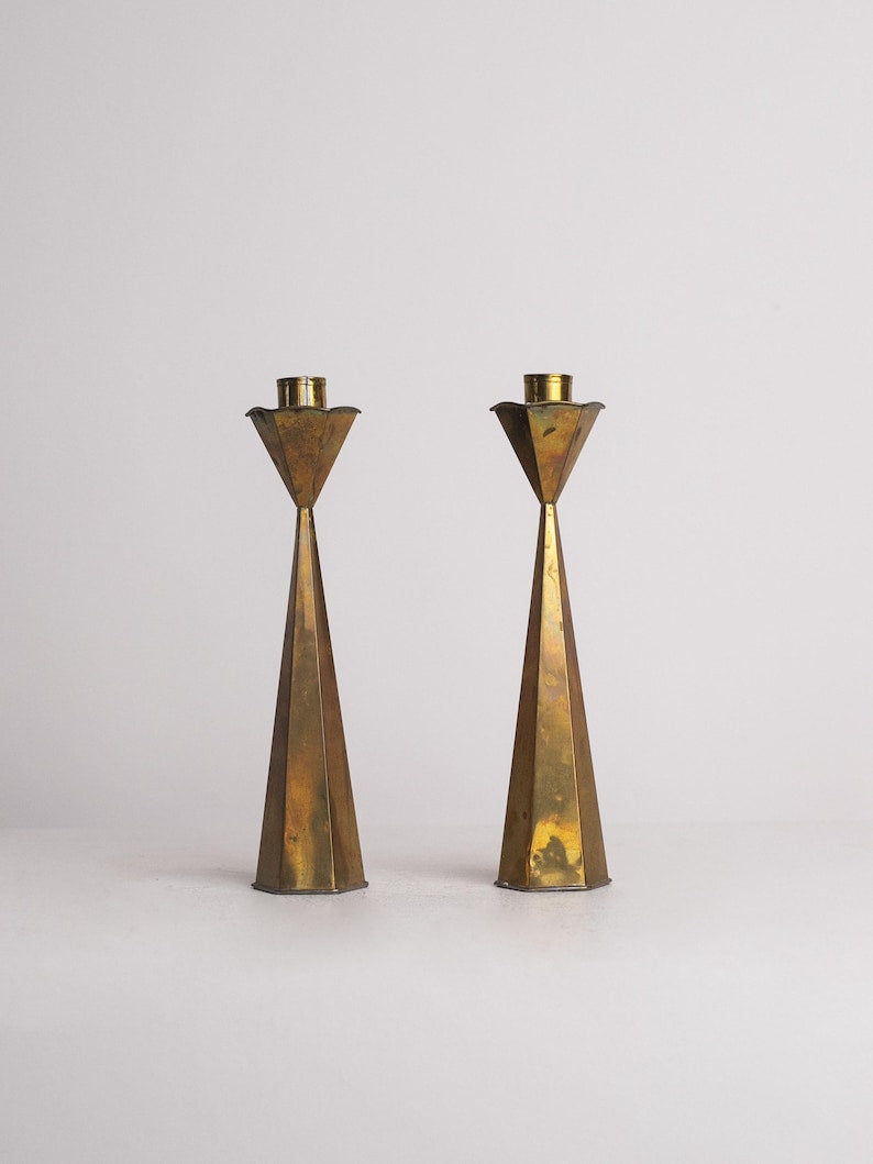 Hexagonal Brass Candlesticks Tall Pair, Hourglass Taper Holders 1960s — detail view