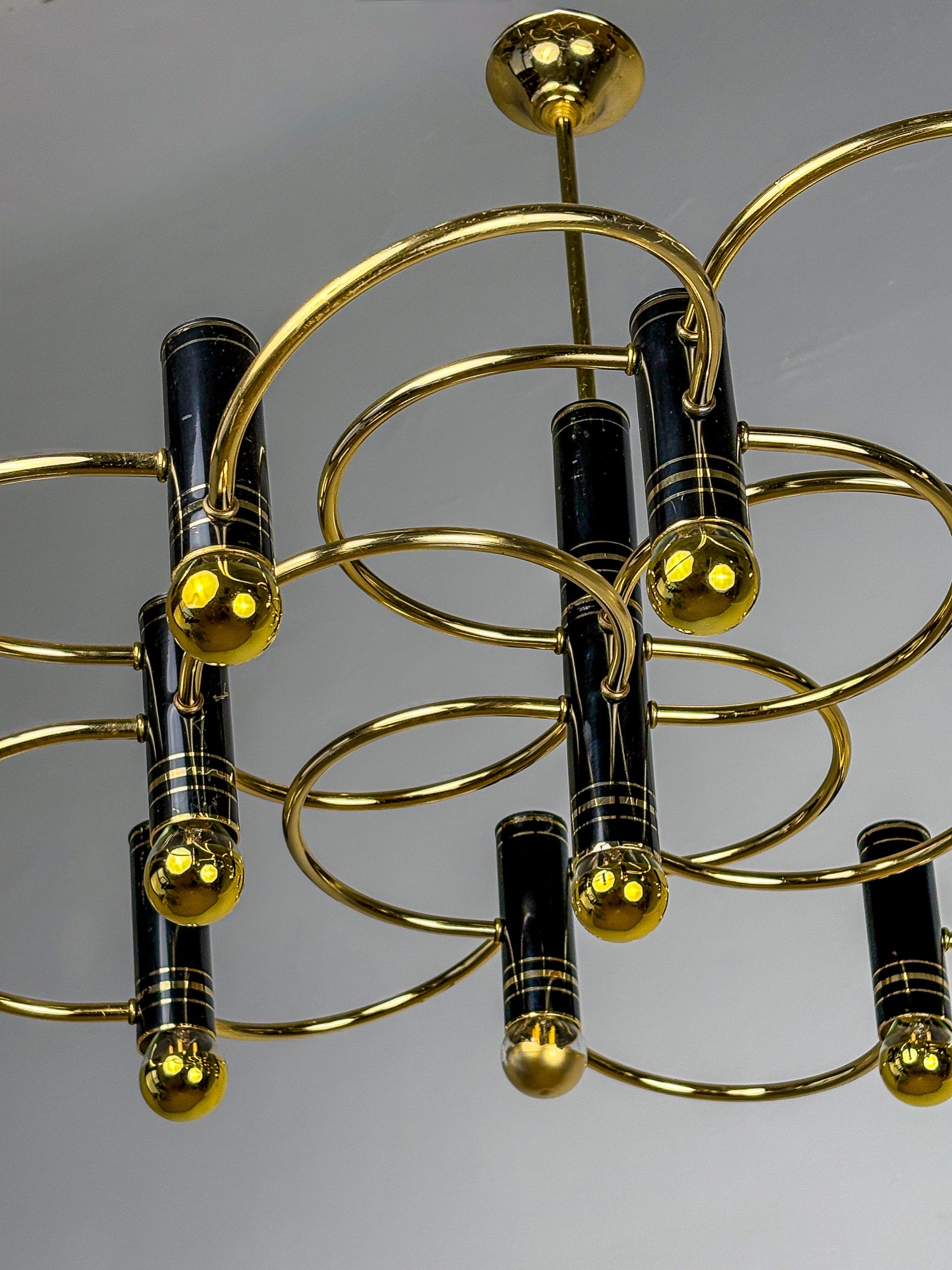 Gaetano Sciolari Geometric Chandelier, 9 Lights, Italy, 1970s — side angle