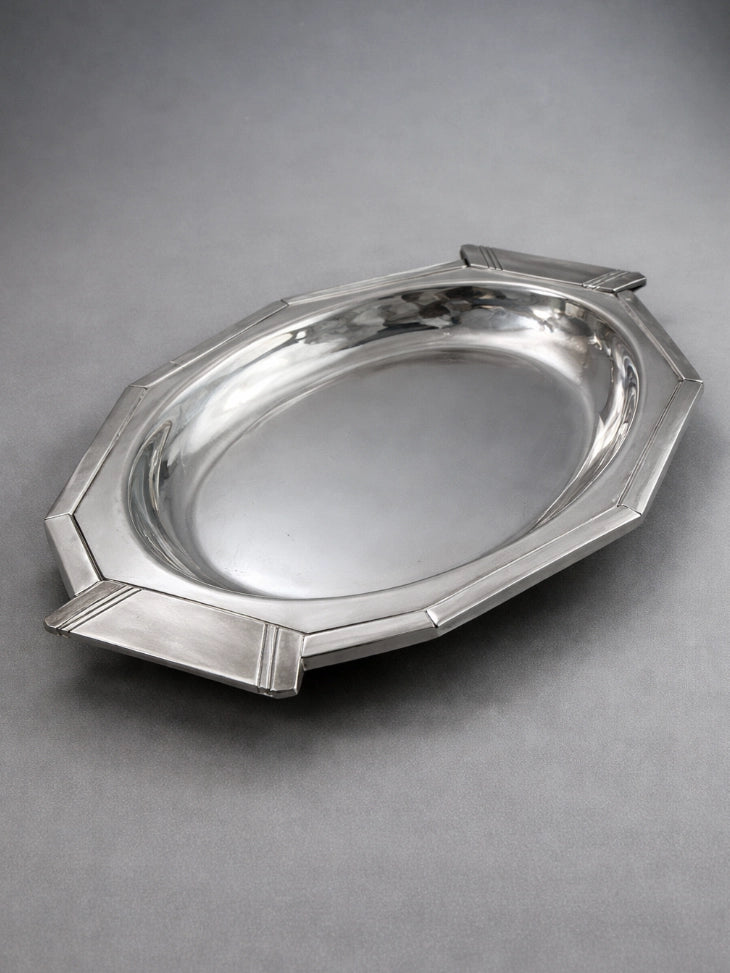 1930s Art Deco Orfèvre Silver-Plated Octagonal Serving Platter — side angle