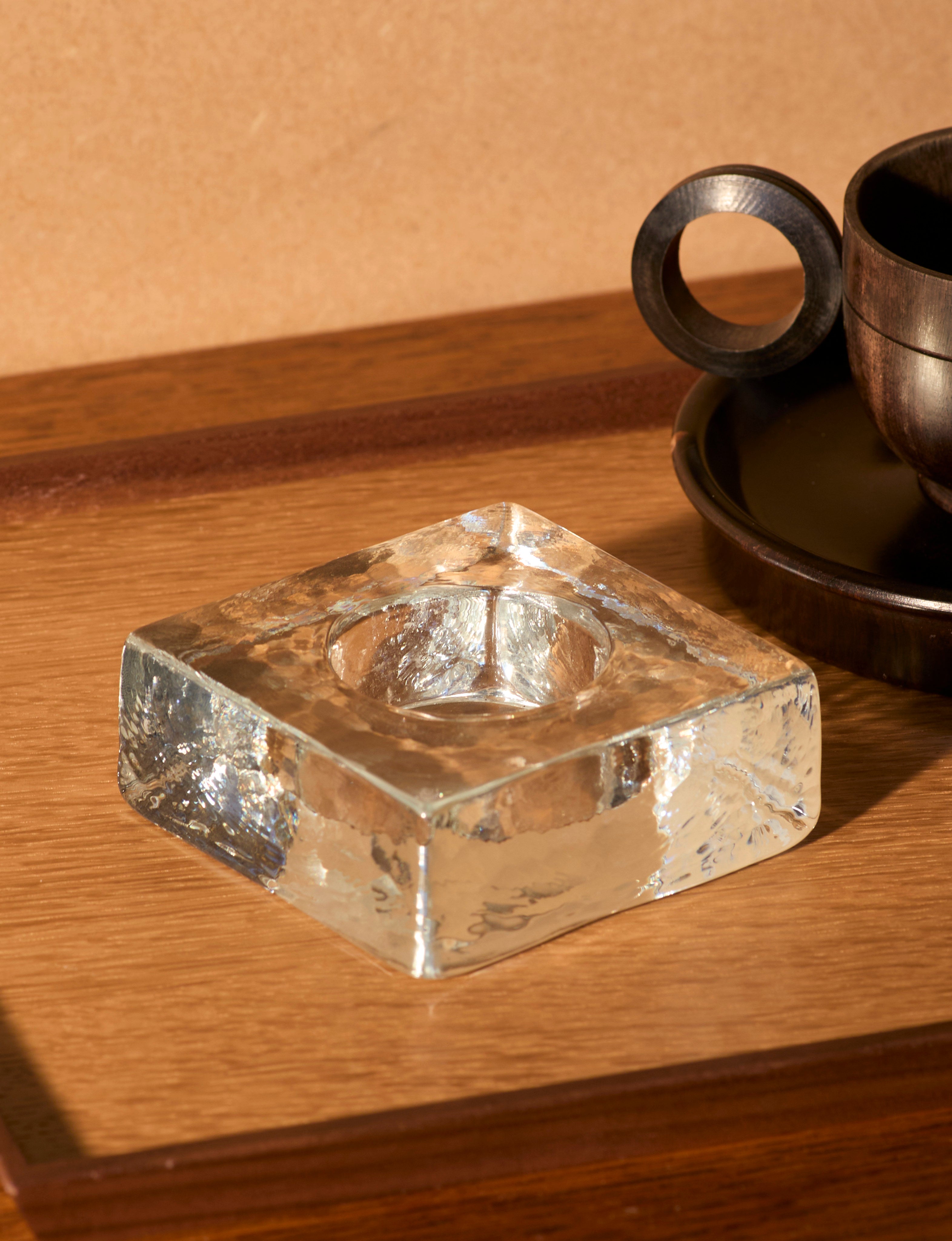 Clear glass candle holder in European glass  — side angle