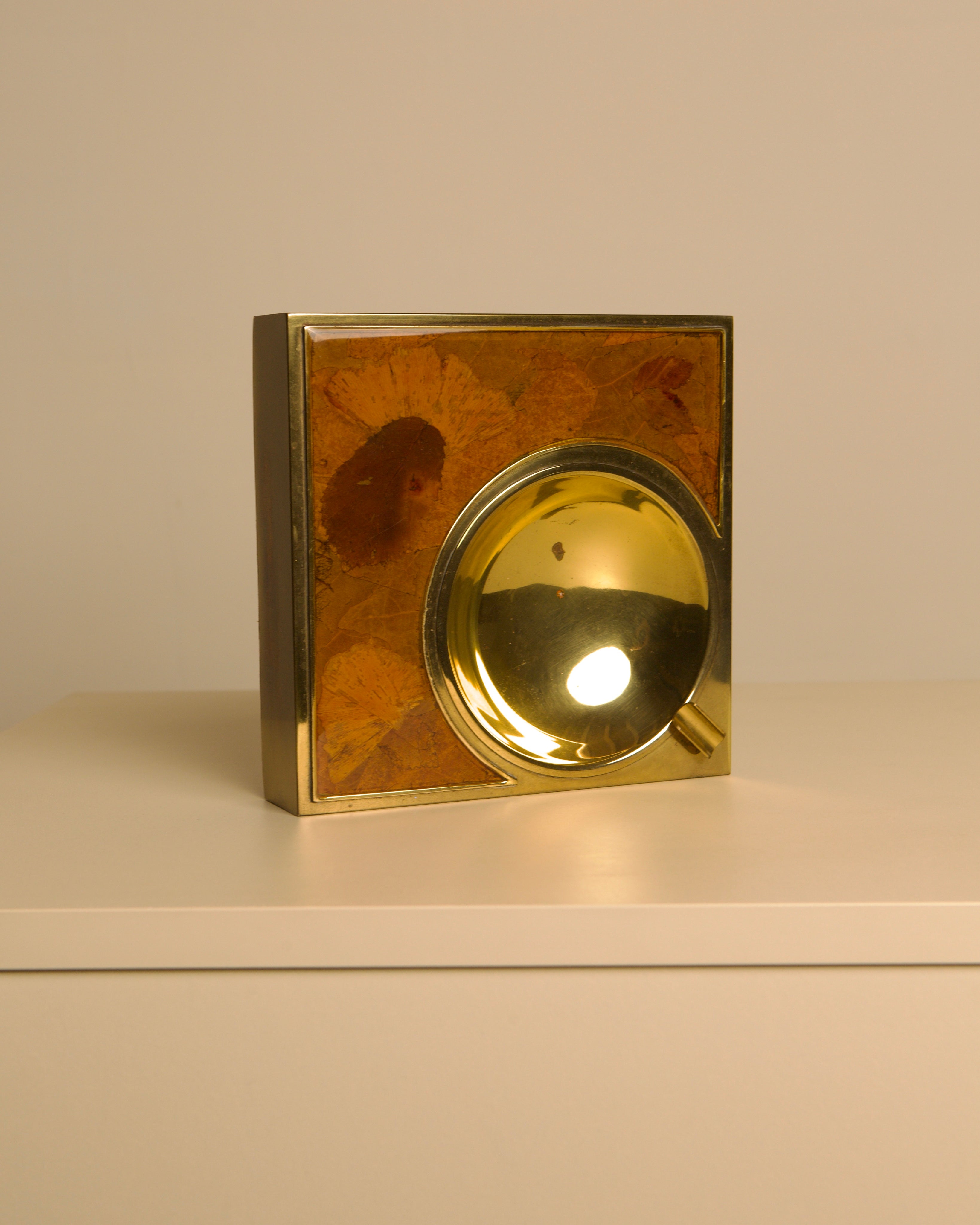 Italian Brass & Floral Resin Ashtray 1960s — close-up