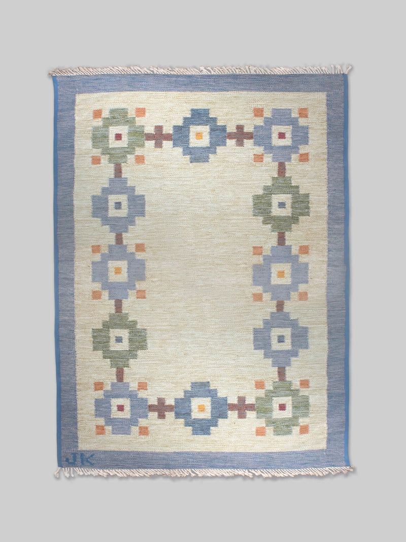 Karin Jönsson Swedish Mid-Century Geometric Wool Kilim 171x252cm by Vintage Stories | The Oblist — wool, blue and green color
