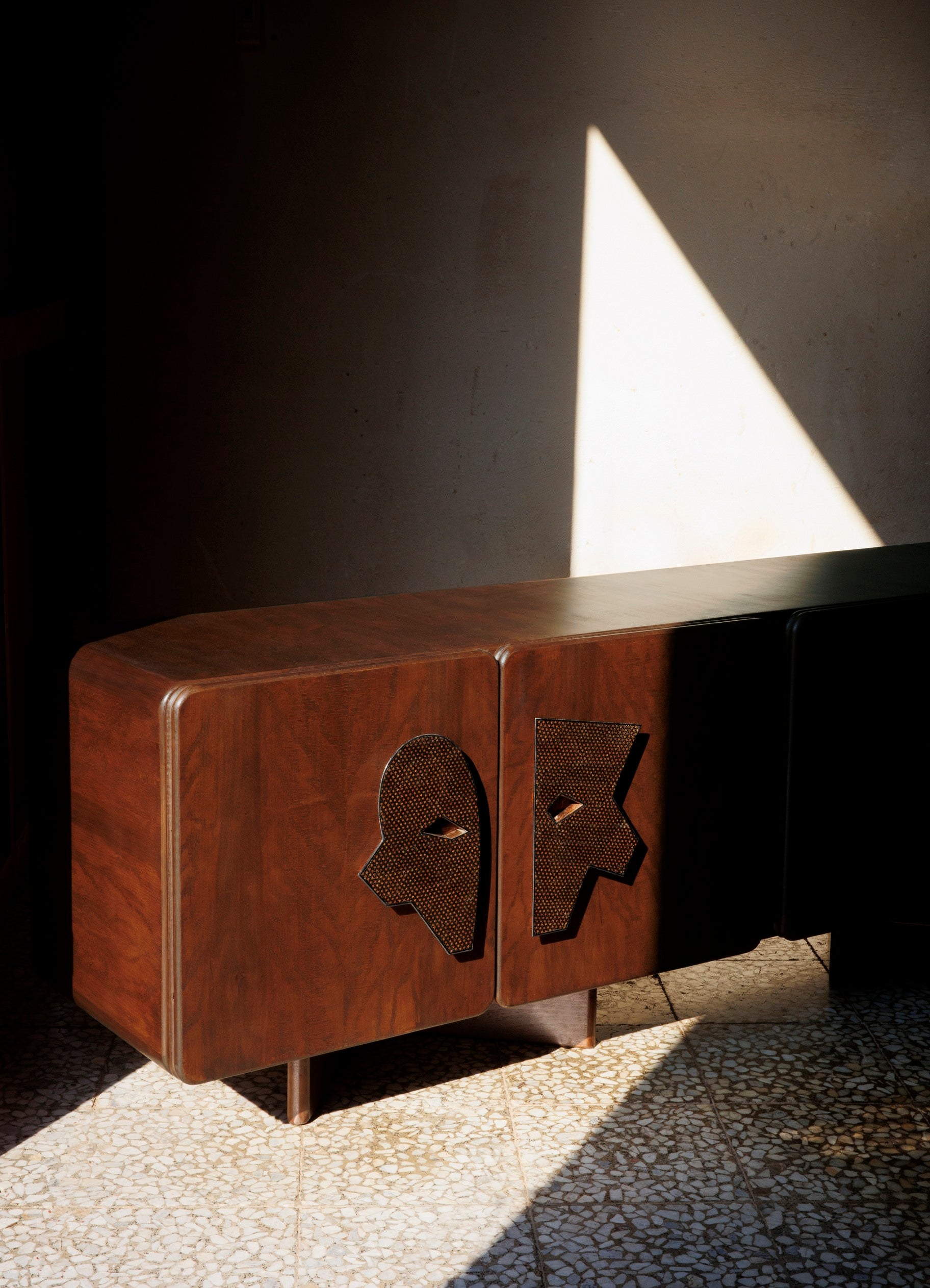MA I Sideboard – Walnut Finish, Khatam Marquetry Credenza — side angle highlighting textured marquetry detail