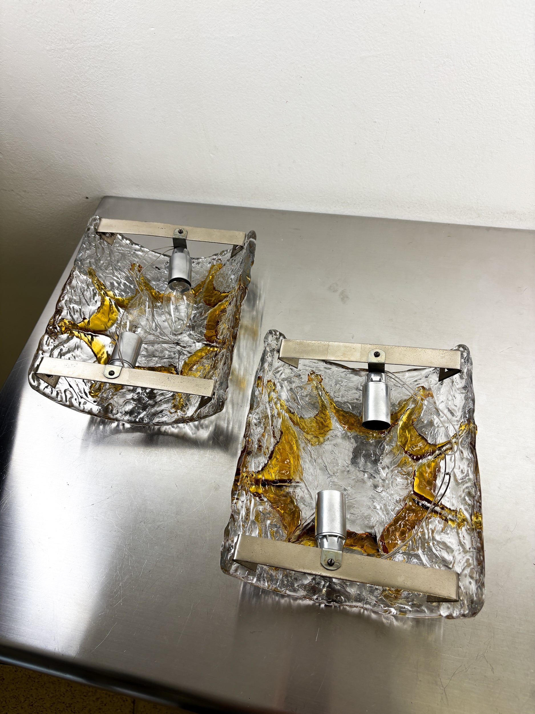 Pair of Mazzega Murano Wall Lights, Orange Frosted Textured Glass, Italy, 1970s — in context