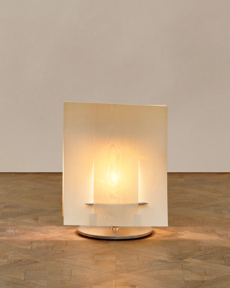 Modern translucent table lamp with warm glow on wooden floor