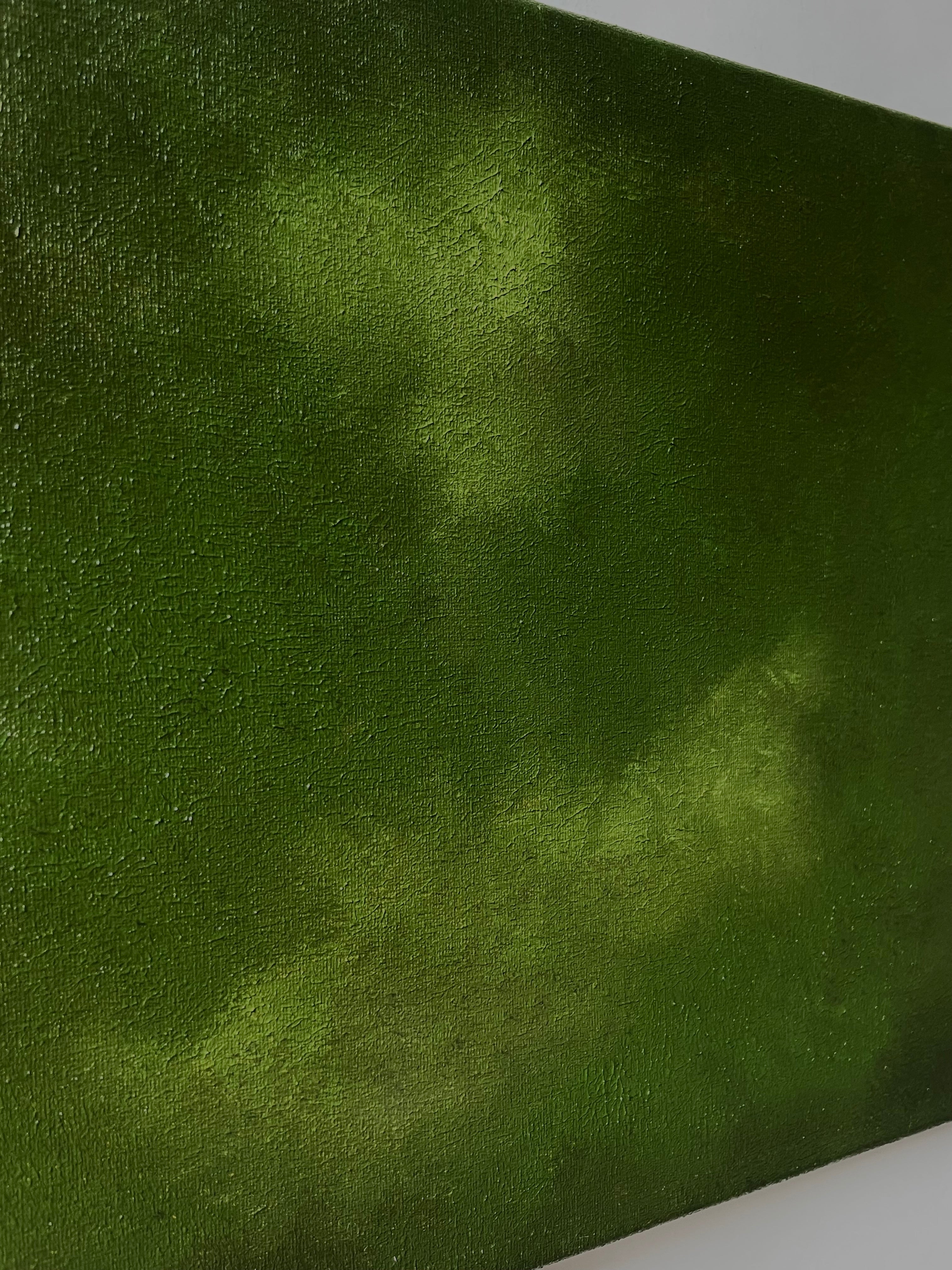Oil painting by Aimée Adriaansen, Everlude III (2025) — angled view of textured green canvas