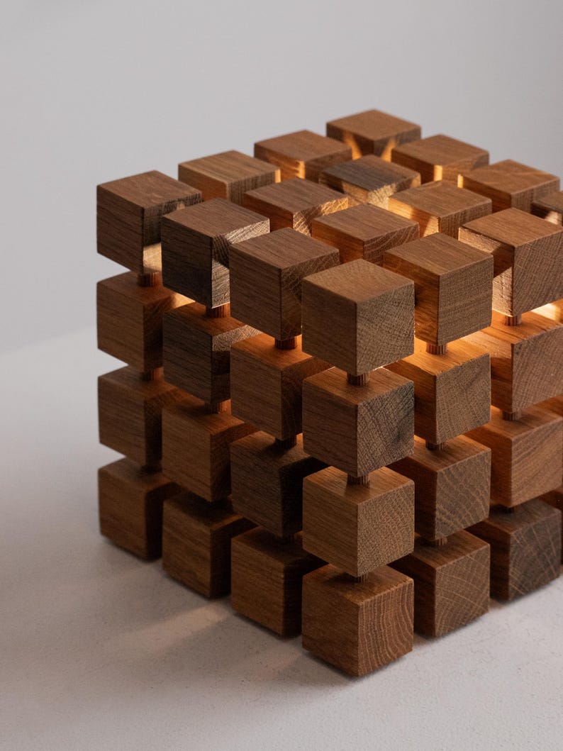 Vintage Sculptural Wooden Cube Table Lamp — lifestyle setting