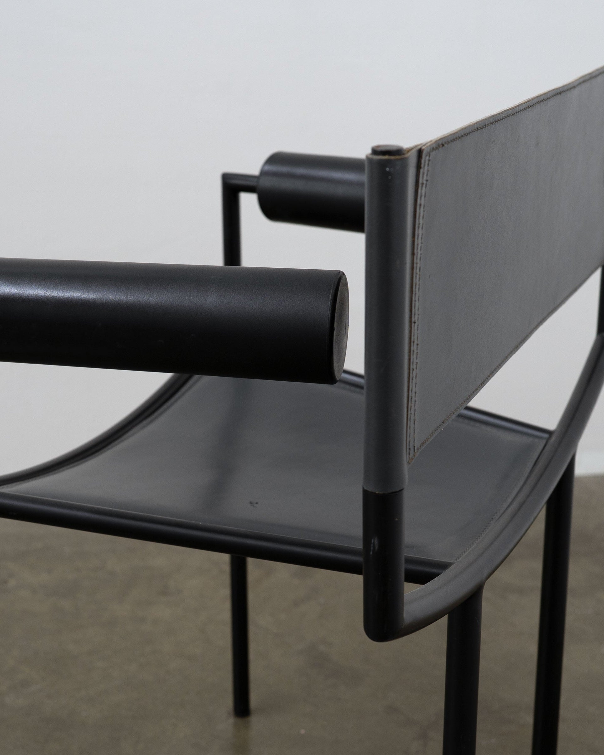 Postmodern Leather and Steel Chair, 1980s — angled view highlighting black leather and steel frame