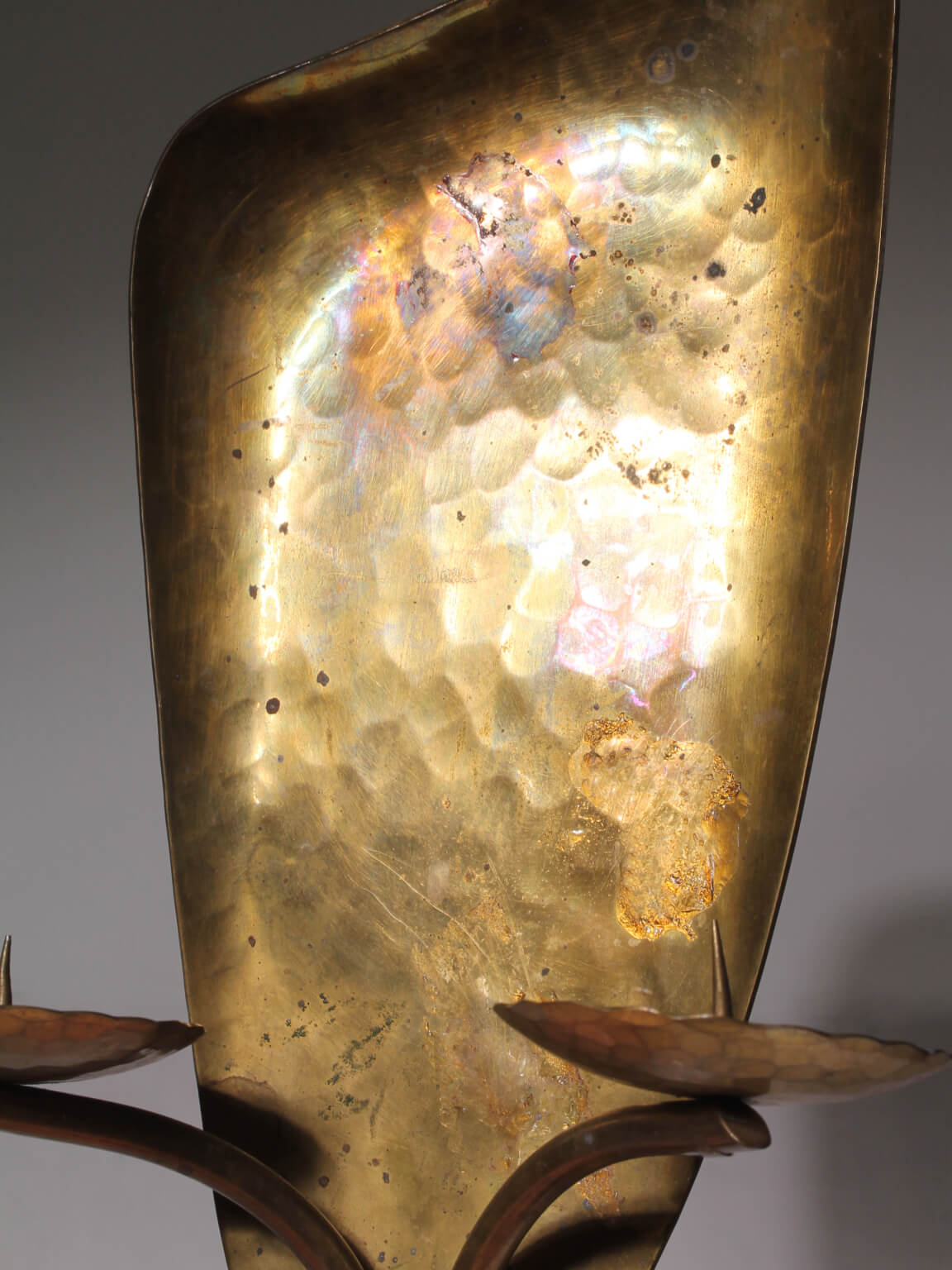 L.F. Funk Hand Hammered Brass Wall Candle Sconce, Neuruppin, Germany — detail view