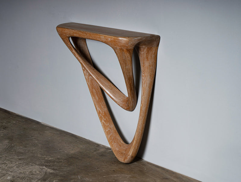 Sculptural Aras Wall mounted console table in White Oak Ceruse — detail view