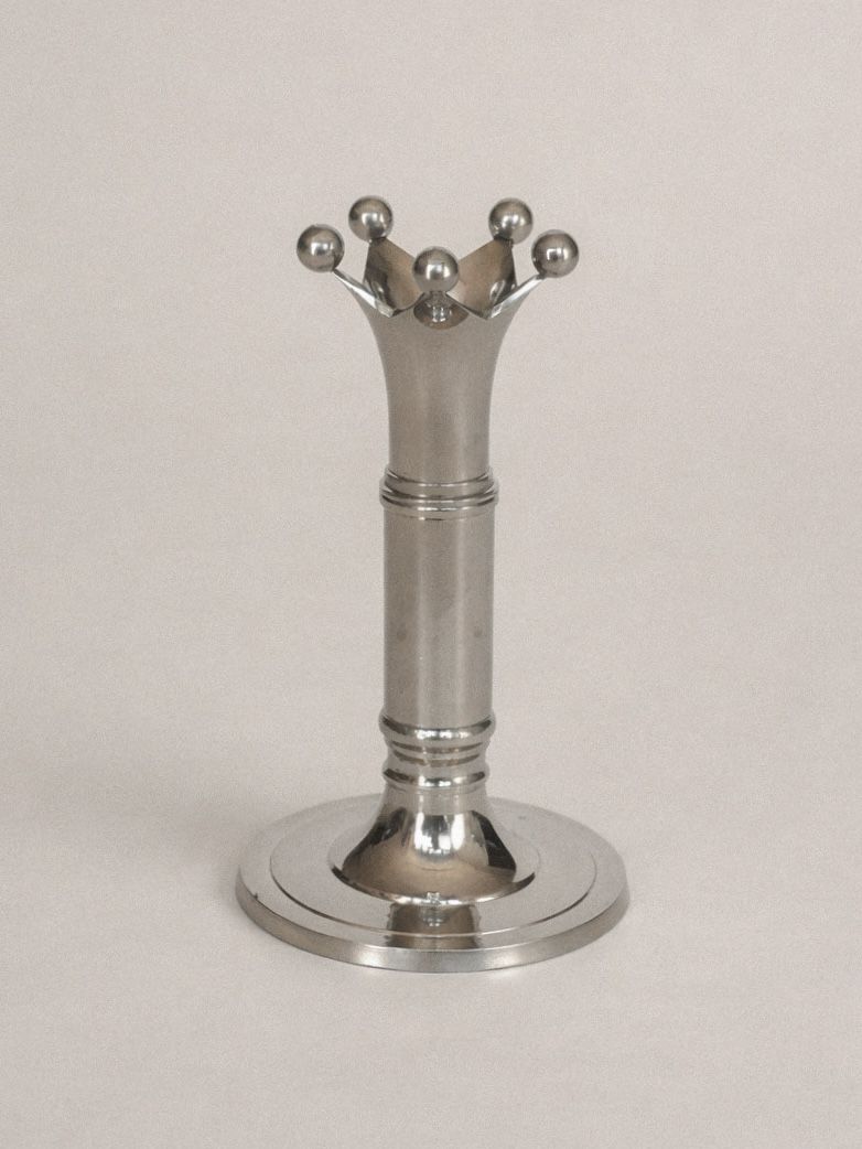 1960s Scandinavian Vintage Chrome Crown Candlestick — detail view