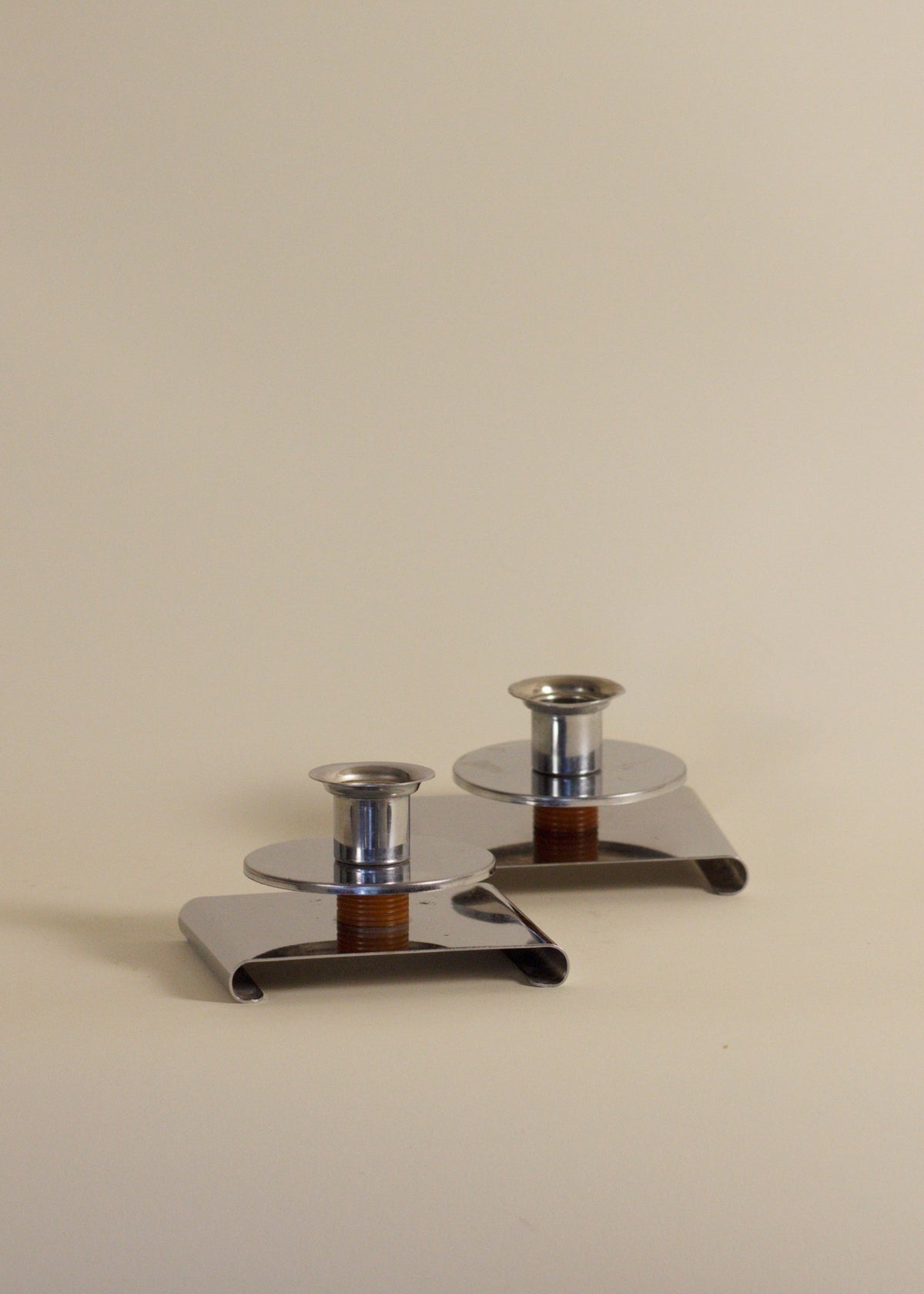 Pair of Art Deco Chrome Candlesticks — close-up