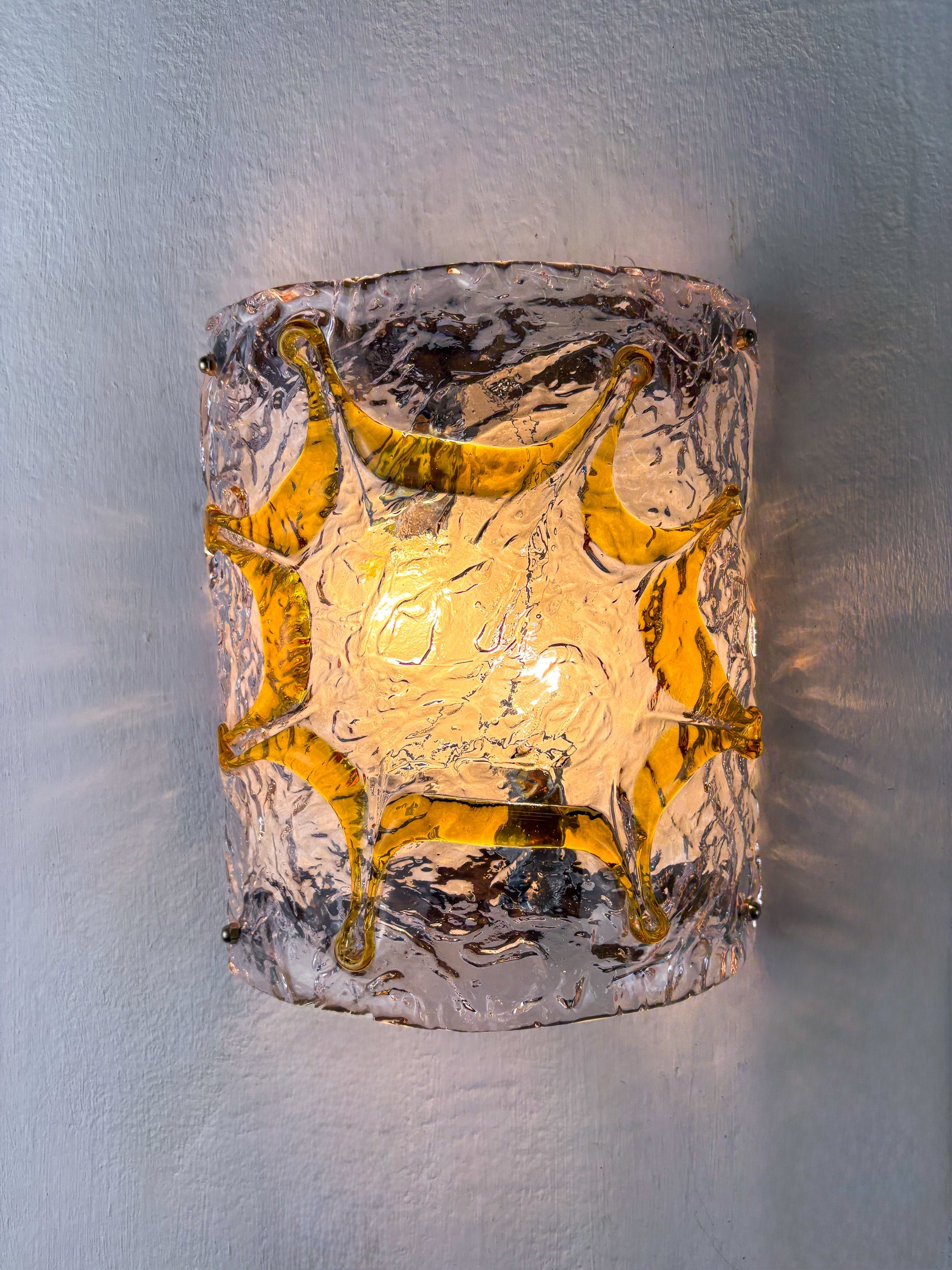 Pair of Mazzega Murano Wall Lights, Orange Frosted Textured Glass, Italy, 1970s — lifestyle setting