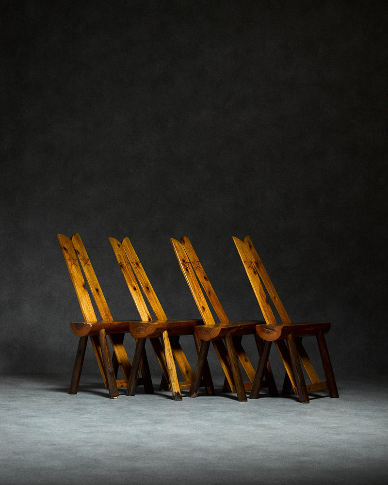Set of 4 Folk-art Pine Chairs from the Italian Alps by monica monaco | The Oblist — handcrafted pine wood design