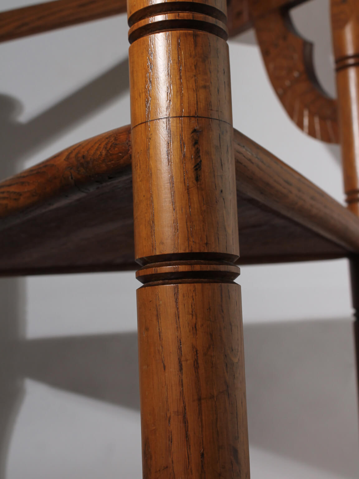 Swedish Carved Oak Monk Chair — back view highlighting wooden details