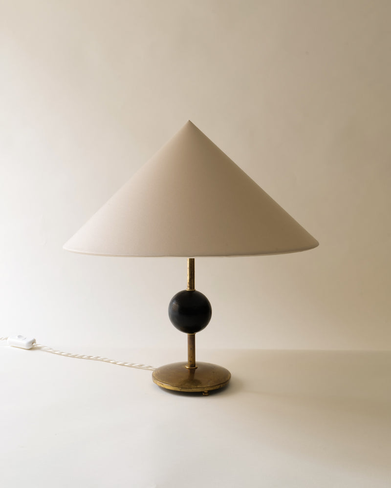 Harald Notini brass table lamp with conical shade and black sphere
