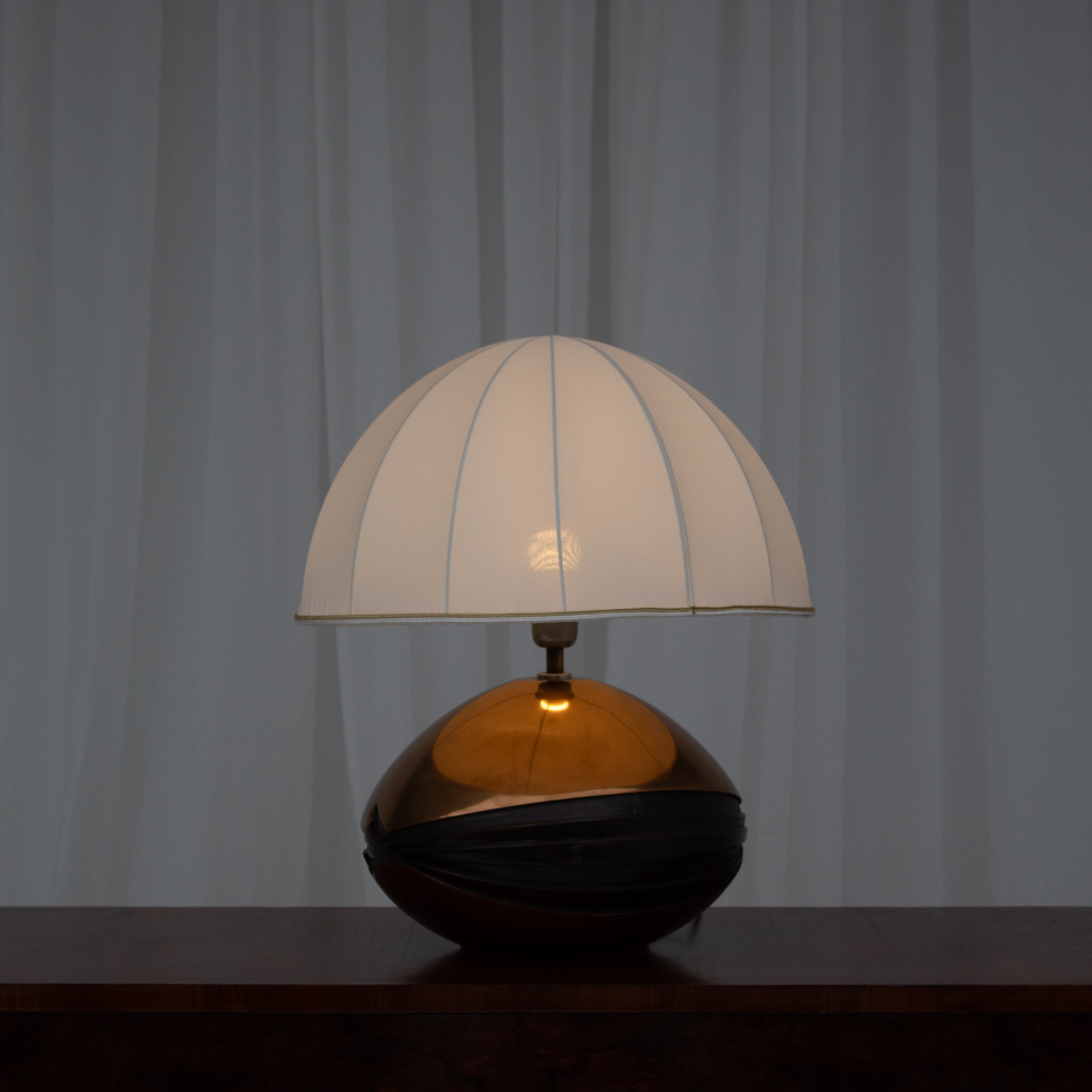 Brass Table Lamps in Fabric and Textile by Esa Fedrigolli for Esart — top view highlighting white fabric shade and brass base