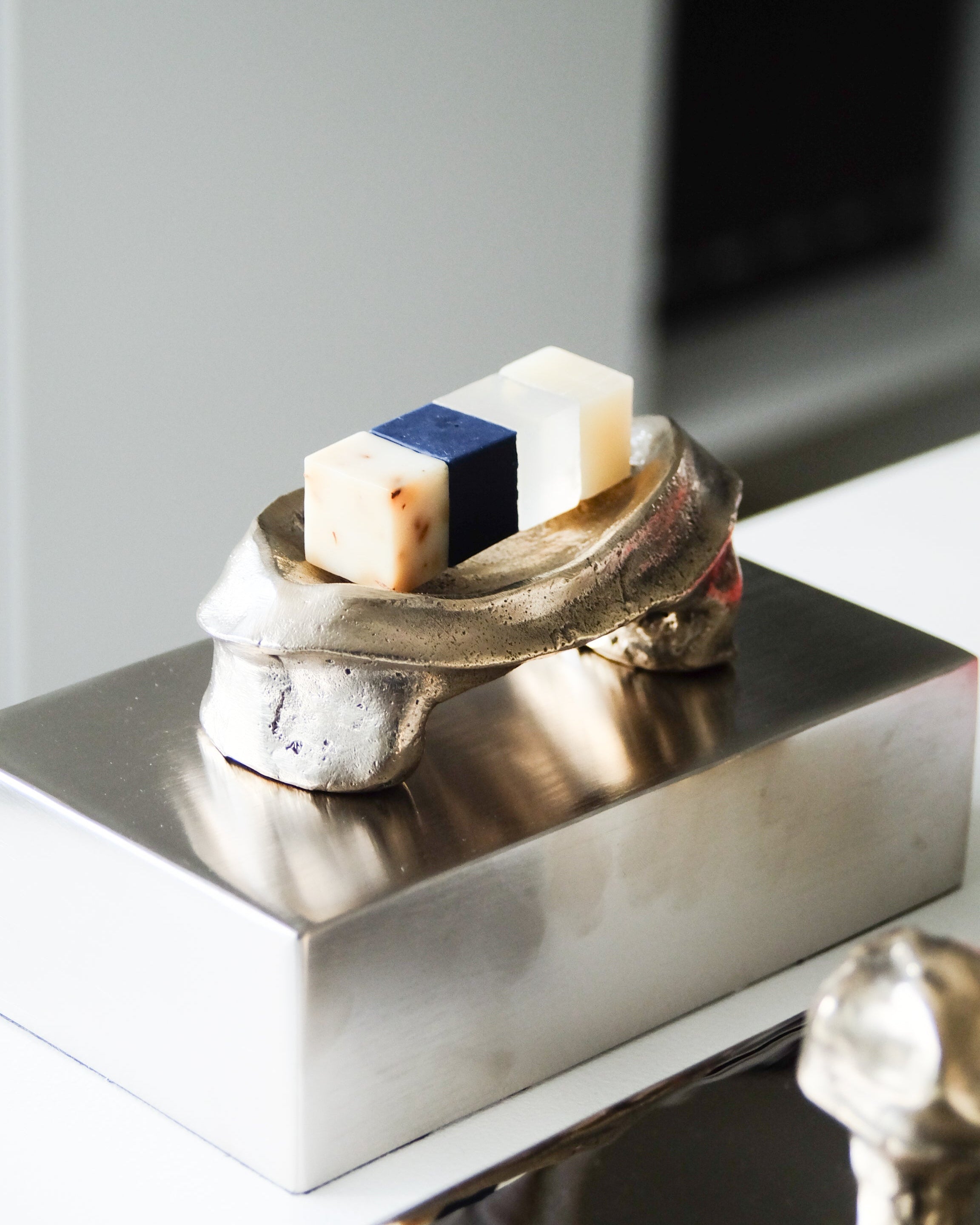 MOORE Tray/Catchall — back view with decorative soap cubes on silver surface