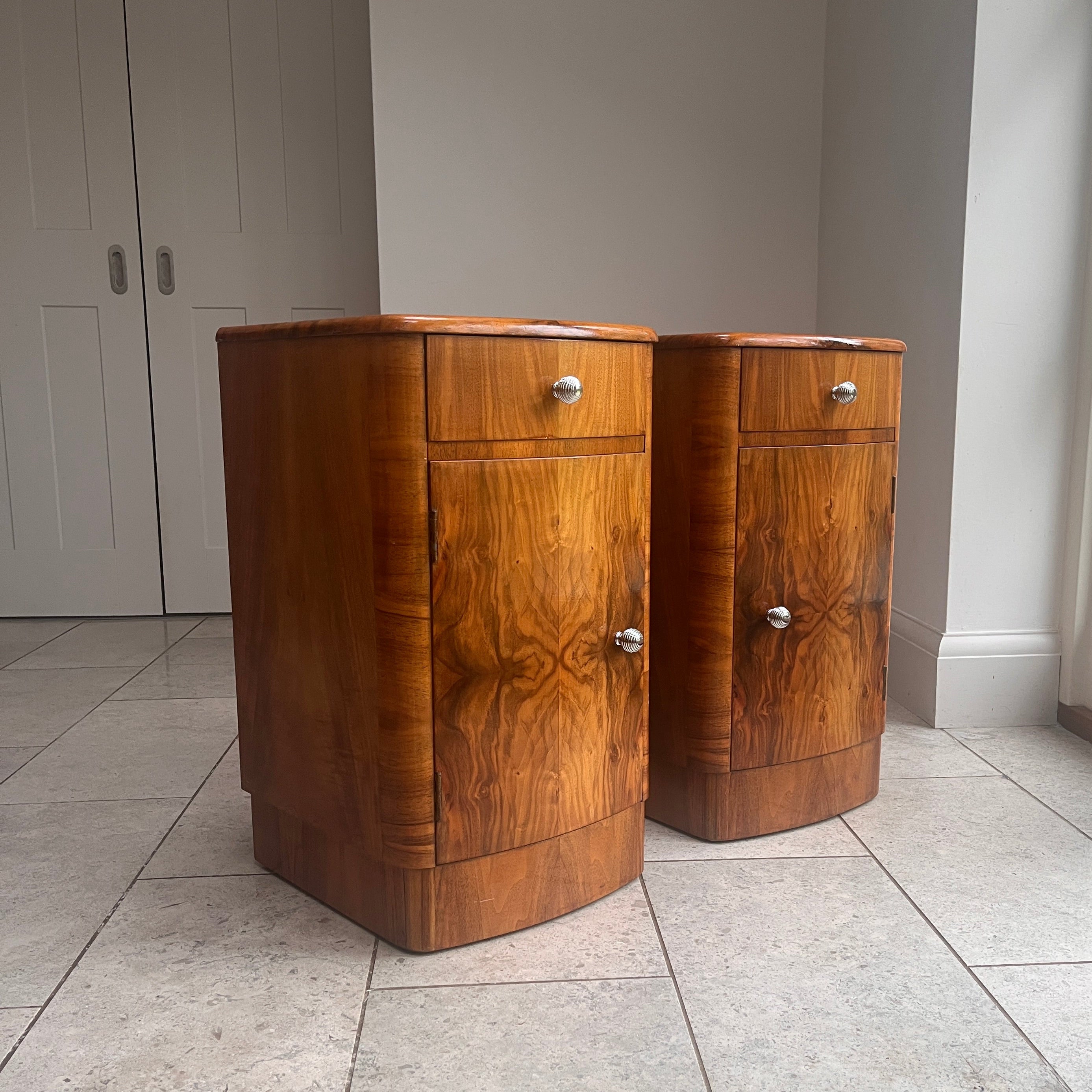 Pair of Art Deco Burr Walnut Bedside Cabinet c. 1930–1940 — front view in bright interior setting