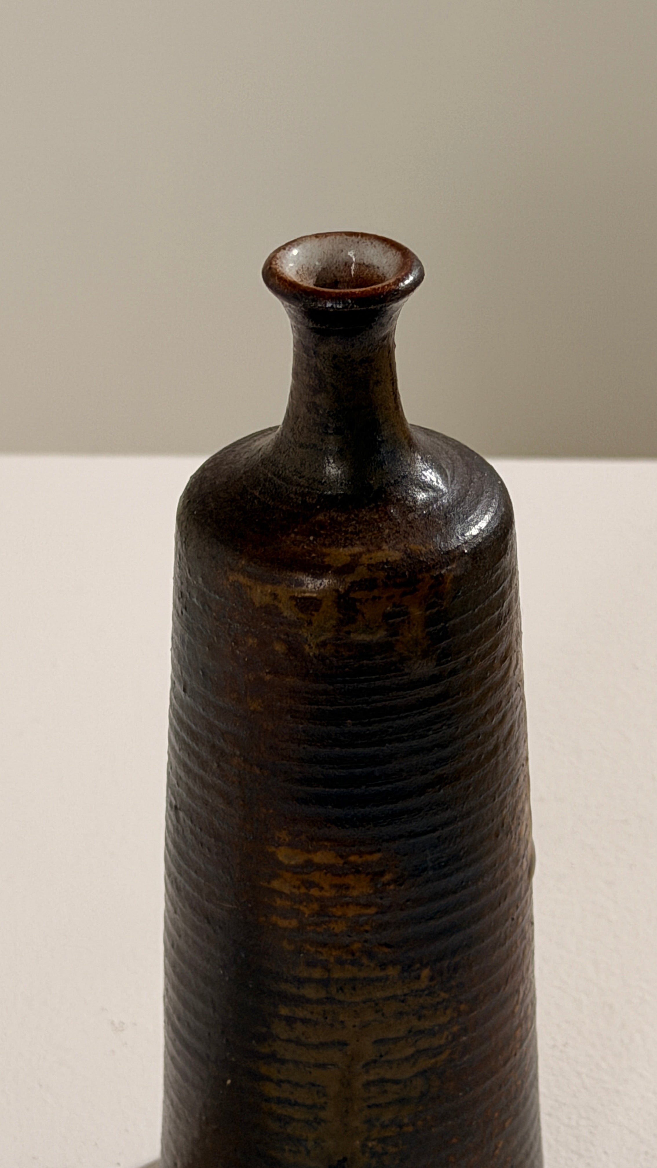 Elegant Stoneware Soliflore Vase, France, circa 1960 — side angle showing textured dark brown surface