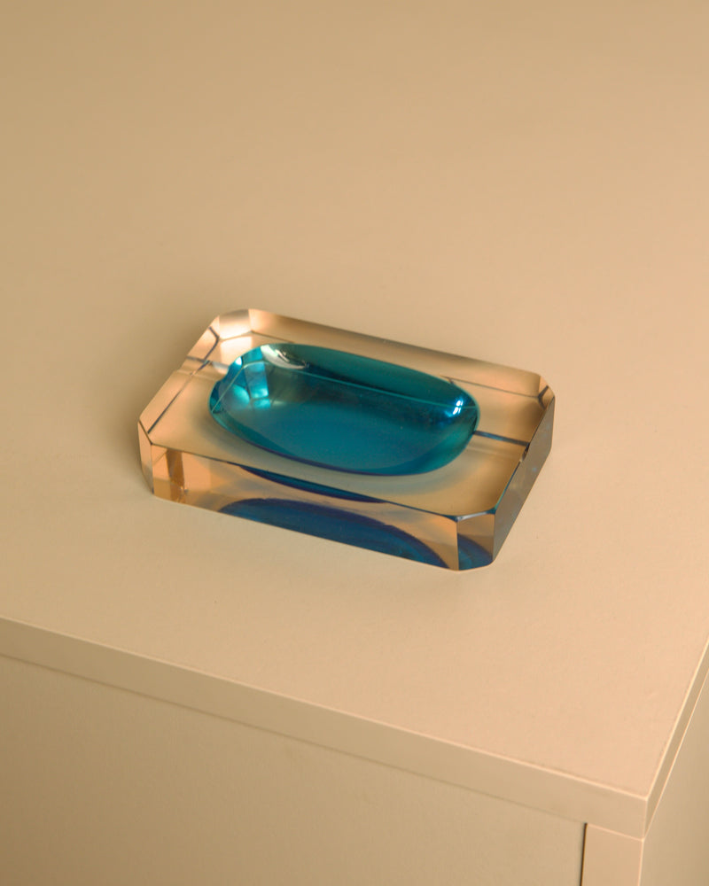 Rectangular Murano glass ashtray in blue by Flavio Poli for Seguso, 80s by Treaptyque | The Oblist