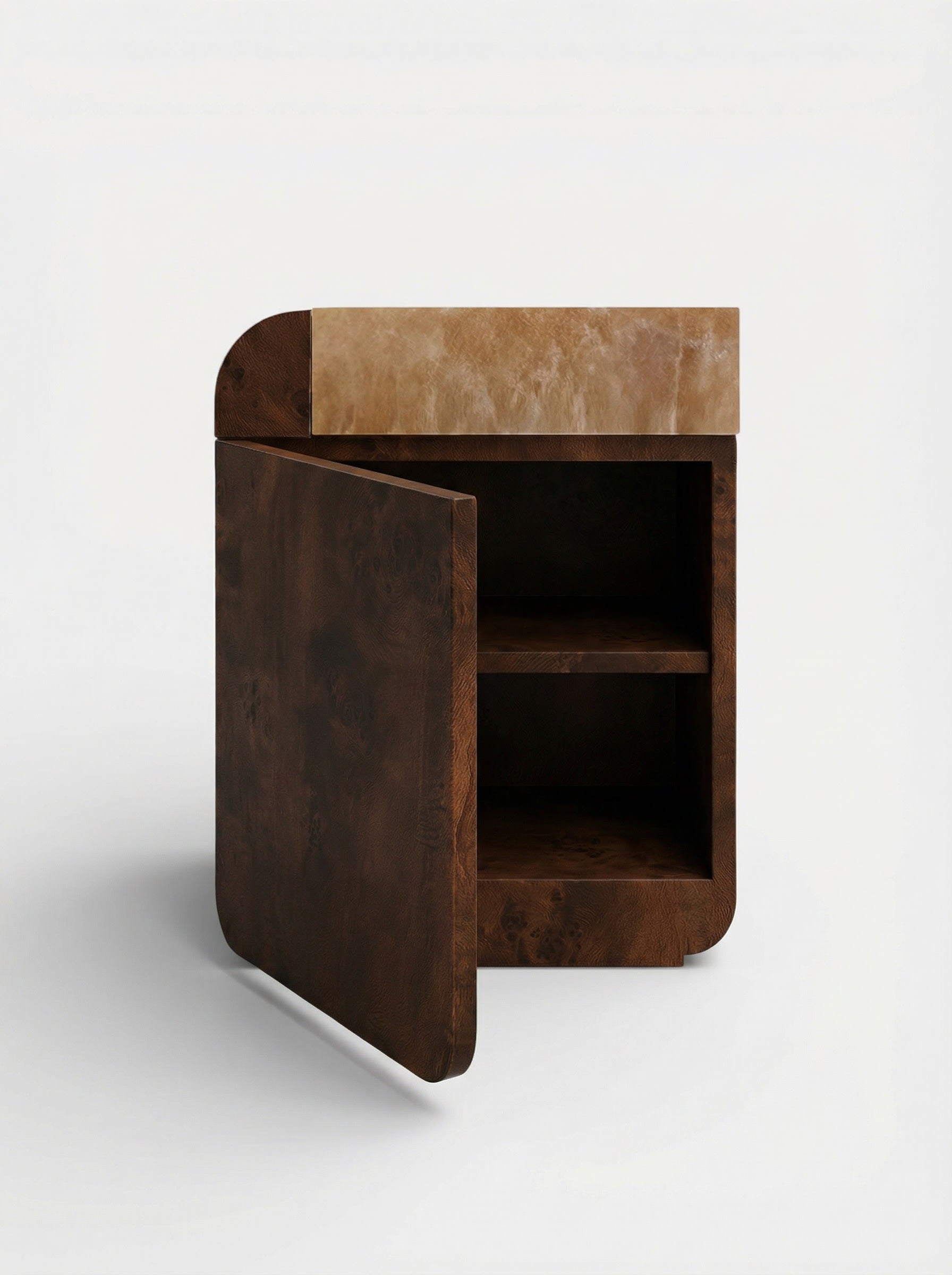 Amo Burl Wood and Honey Onyx Storage Table — side angle showing open storage compartment