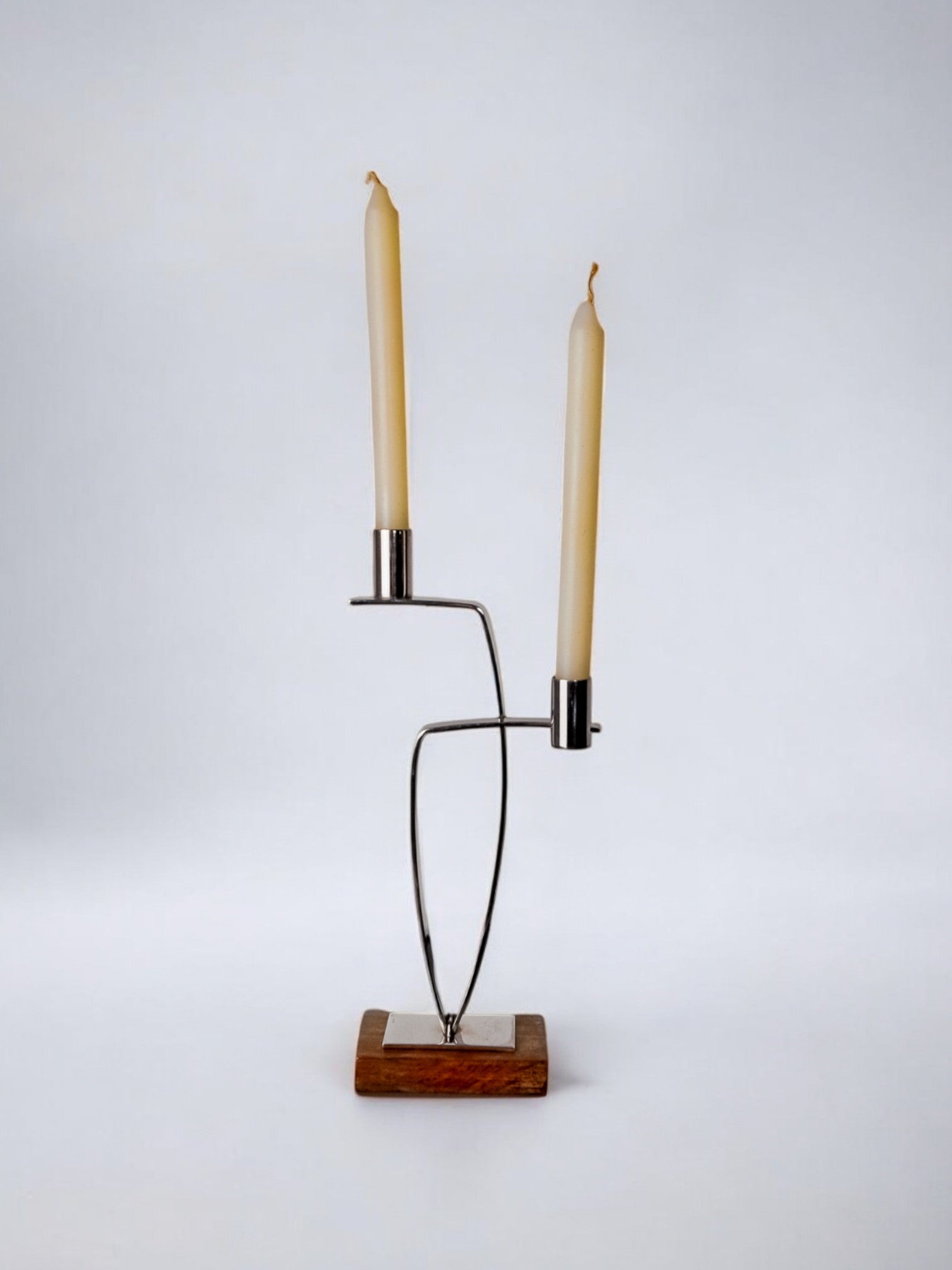 Candlestick in stainless steel and rosewood, 2 flames, Denmark, 1970's — detail view
