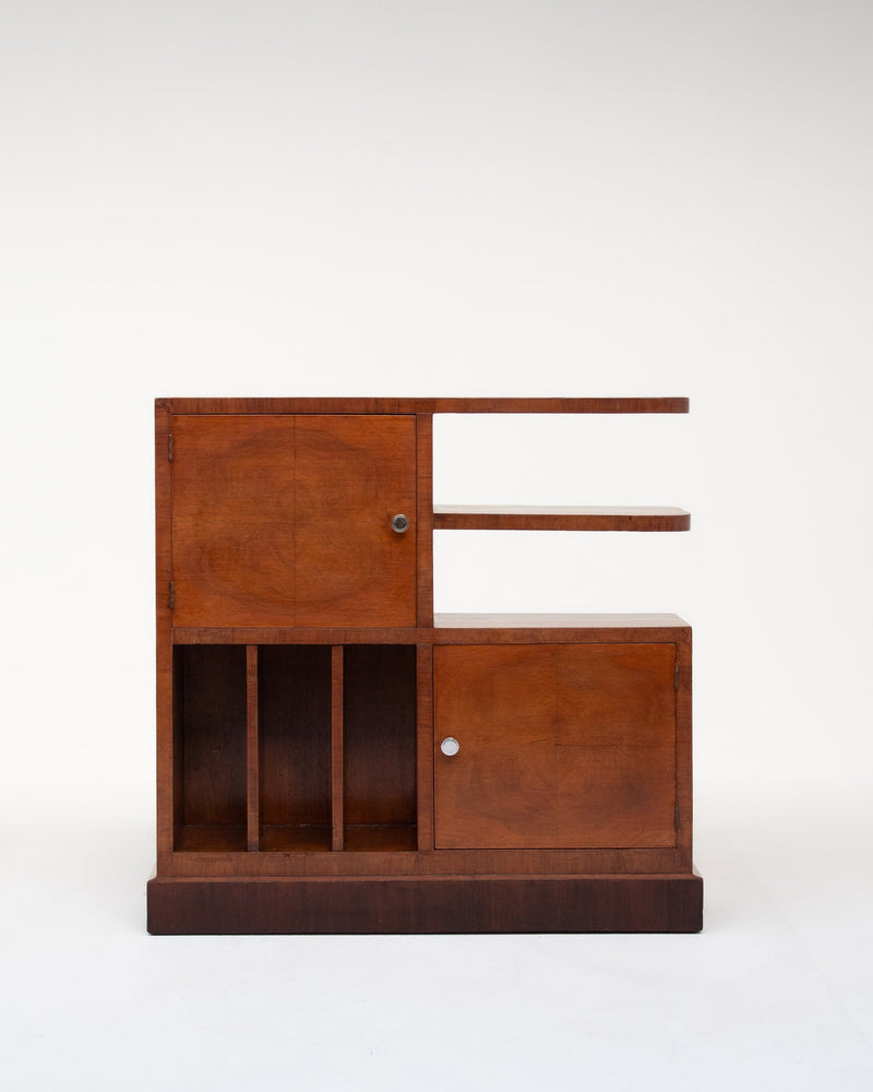 Art Deco walnut storage cabinet with asymmetrical shelving design