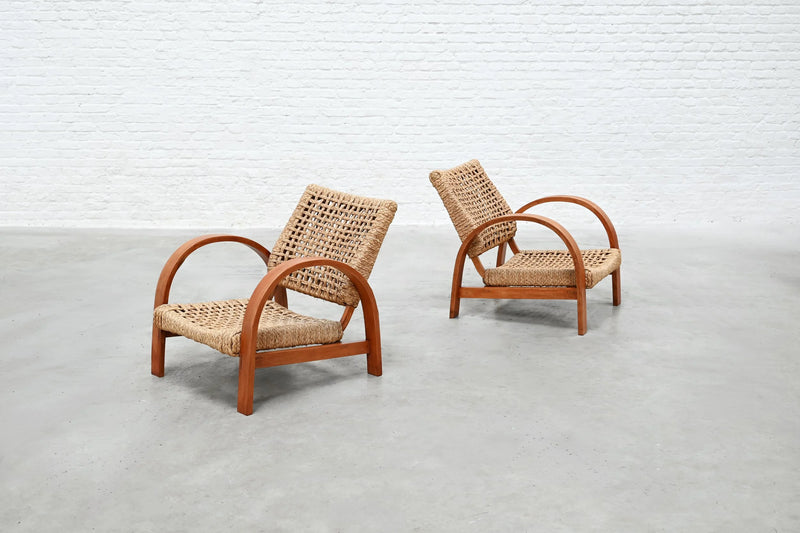 Pair of Rope Easy Chairs, France 1940's — angled view showing woven seat and wooden frame