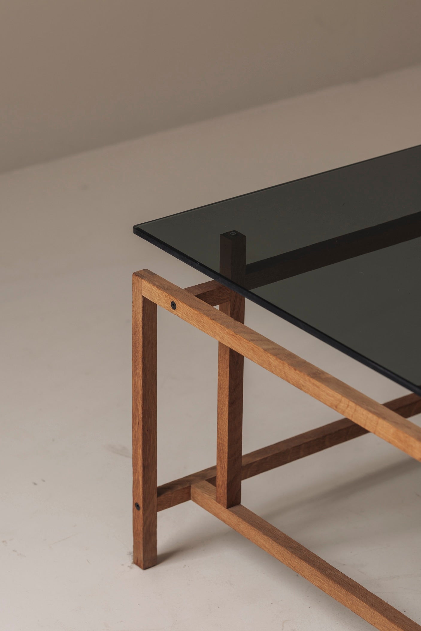 Elegant Geometric Oak Side Table by Henning Nørgaard, Denmark 1970s — angled view showing oak frame and glass top