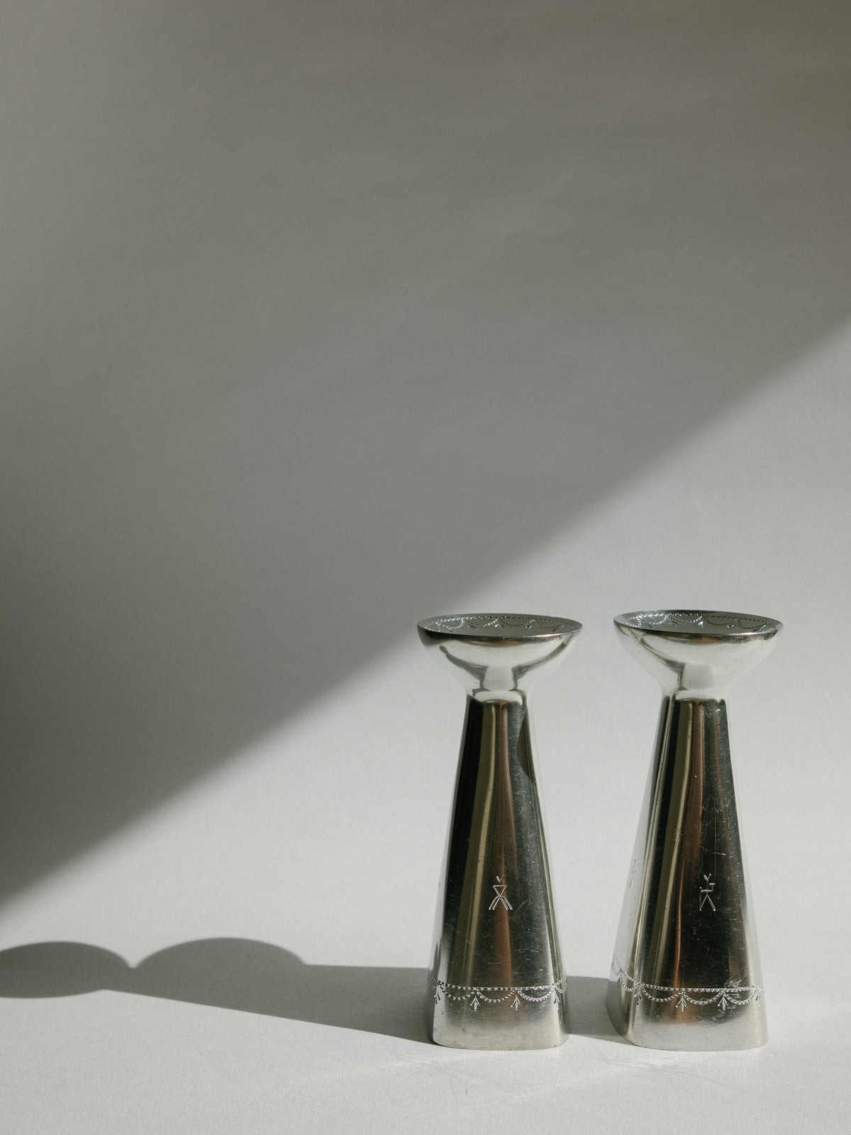 Charming Pair of Pewter Candlesticks by Brødrene Mylius - Norway c. 1960s — side angle