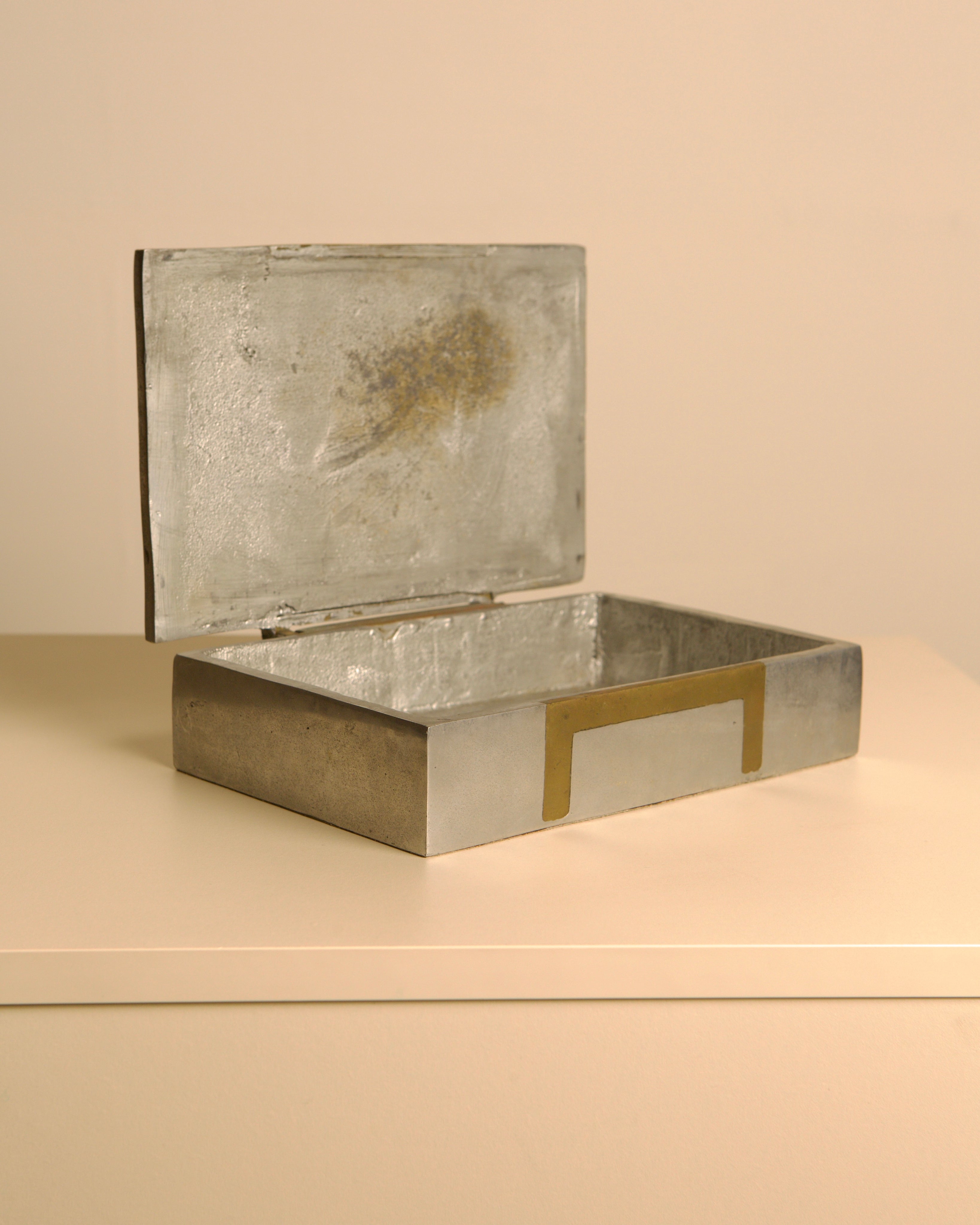 Large brutalist metal and brass box by David Marshall 70s — side angle