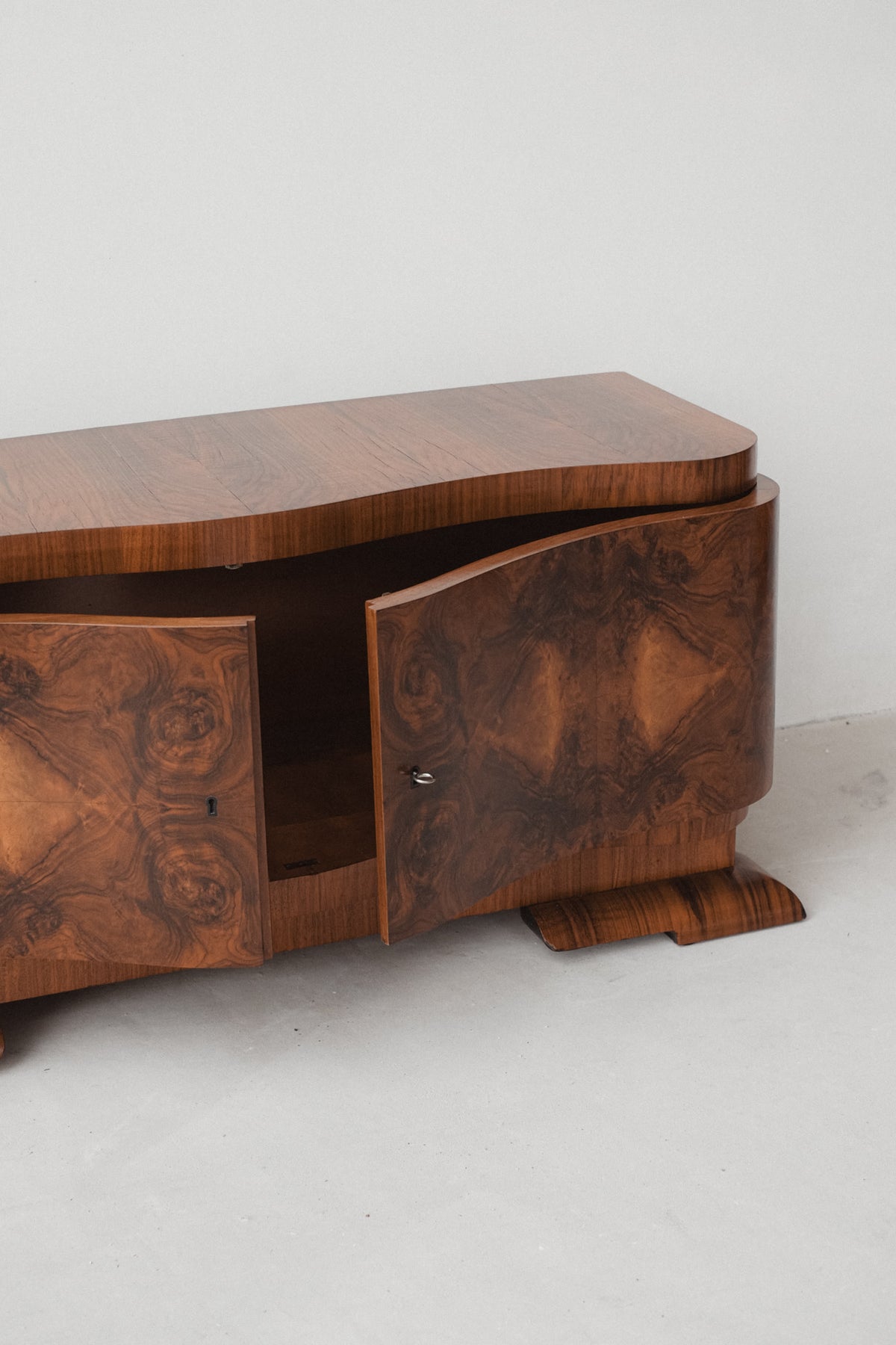 Elegant Art Deco Burr Walnut Cabinet — side angle
