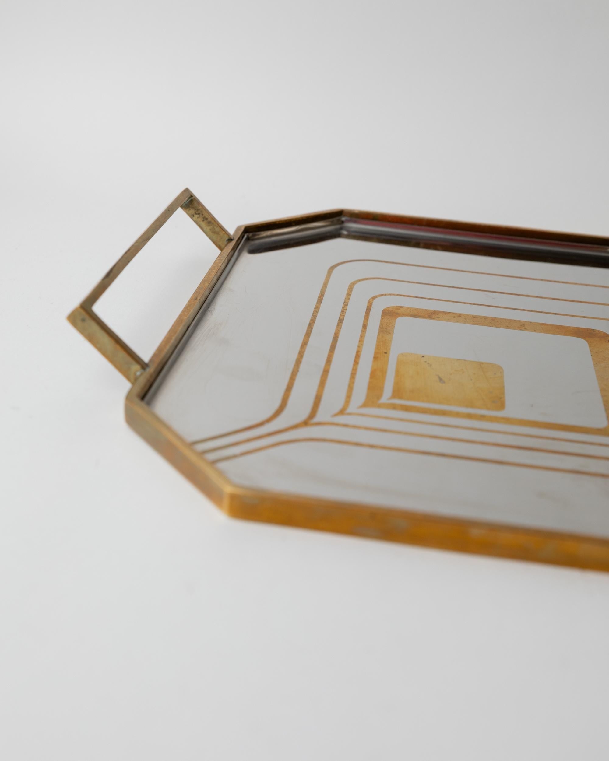 Vintage 1970s Octagonal Stainless Steel Tray, Brass Rim with Mid Century Pattern Design, Polished Serving Tray, Elegant Barware, Gift Idea — view 11