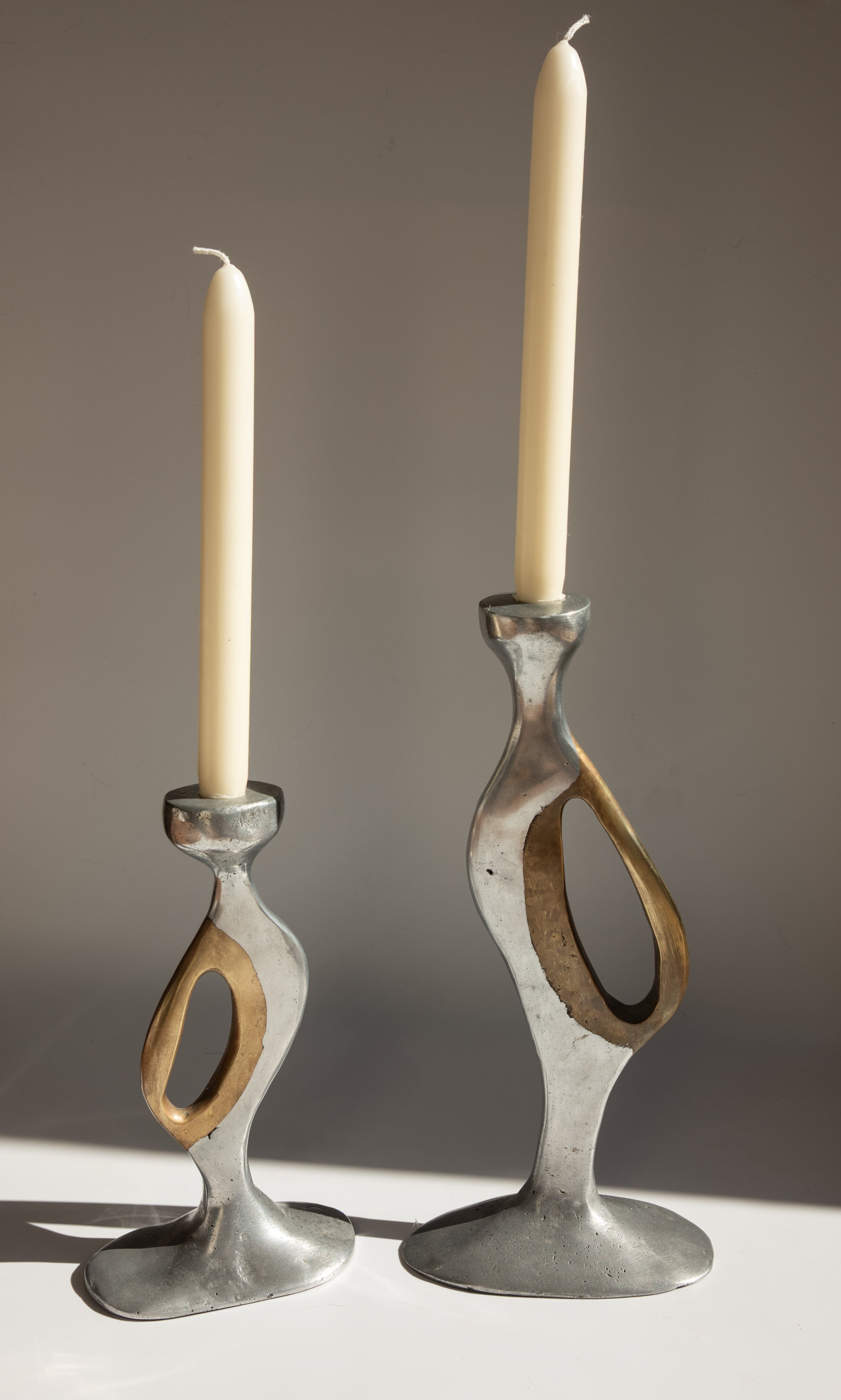 Brutalist Aluminium and Brass Candlesticks by Léopold - Spain, c. 1970s — close-up