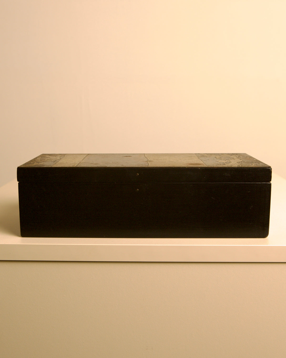 Black-stained wooden box with engraved brass lid by Jean Blazy, 1960s — lifestyle setting