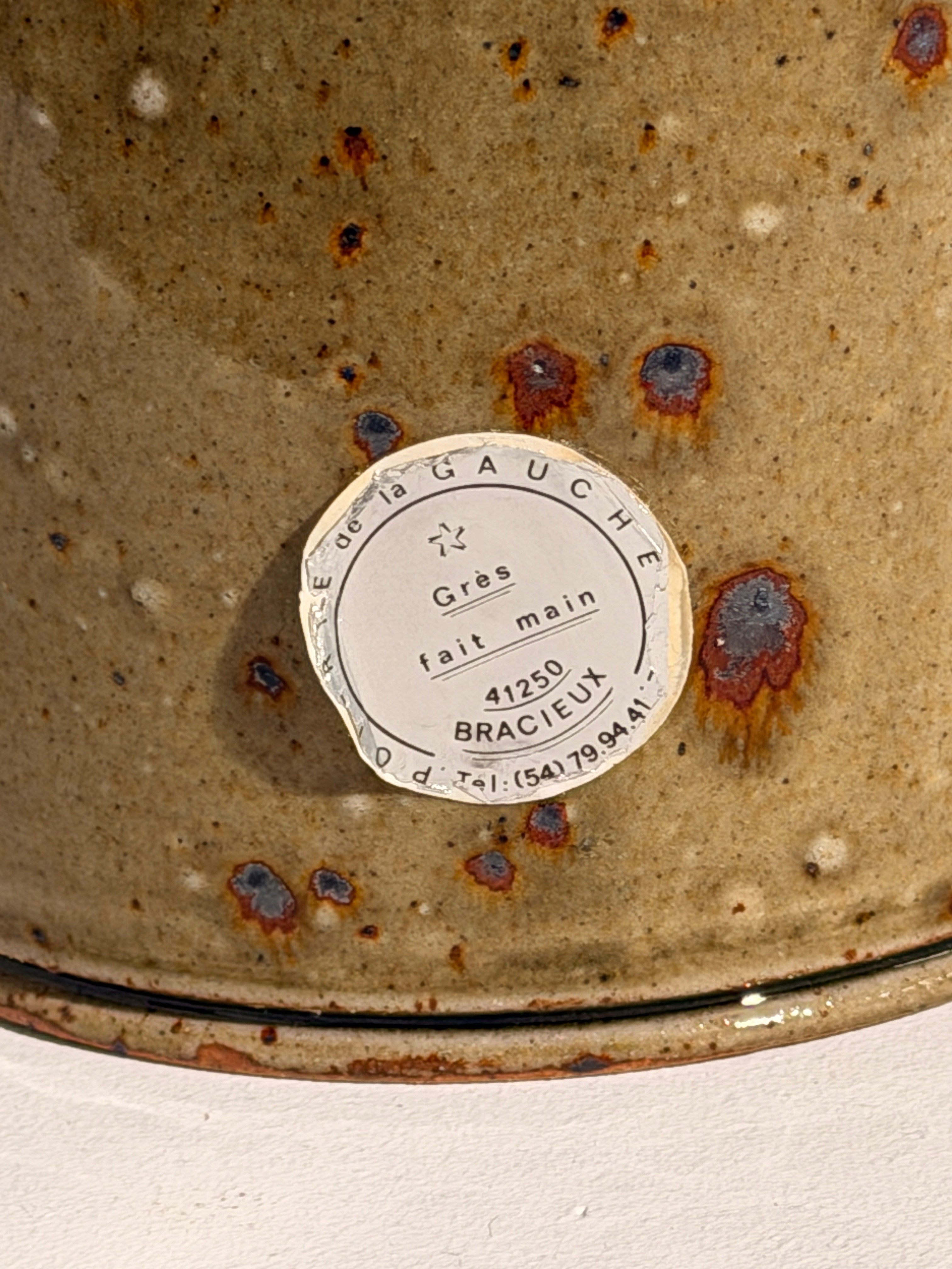 Large Glazed Stoneware Vase by Poterie de la Gauche, 1970 — top view showing speckled glaze and label