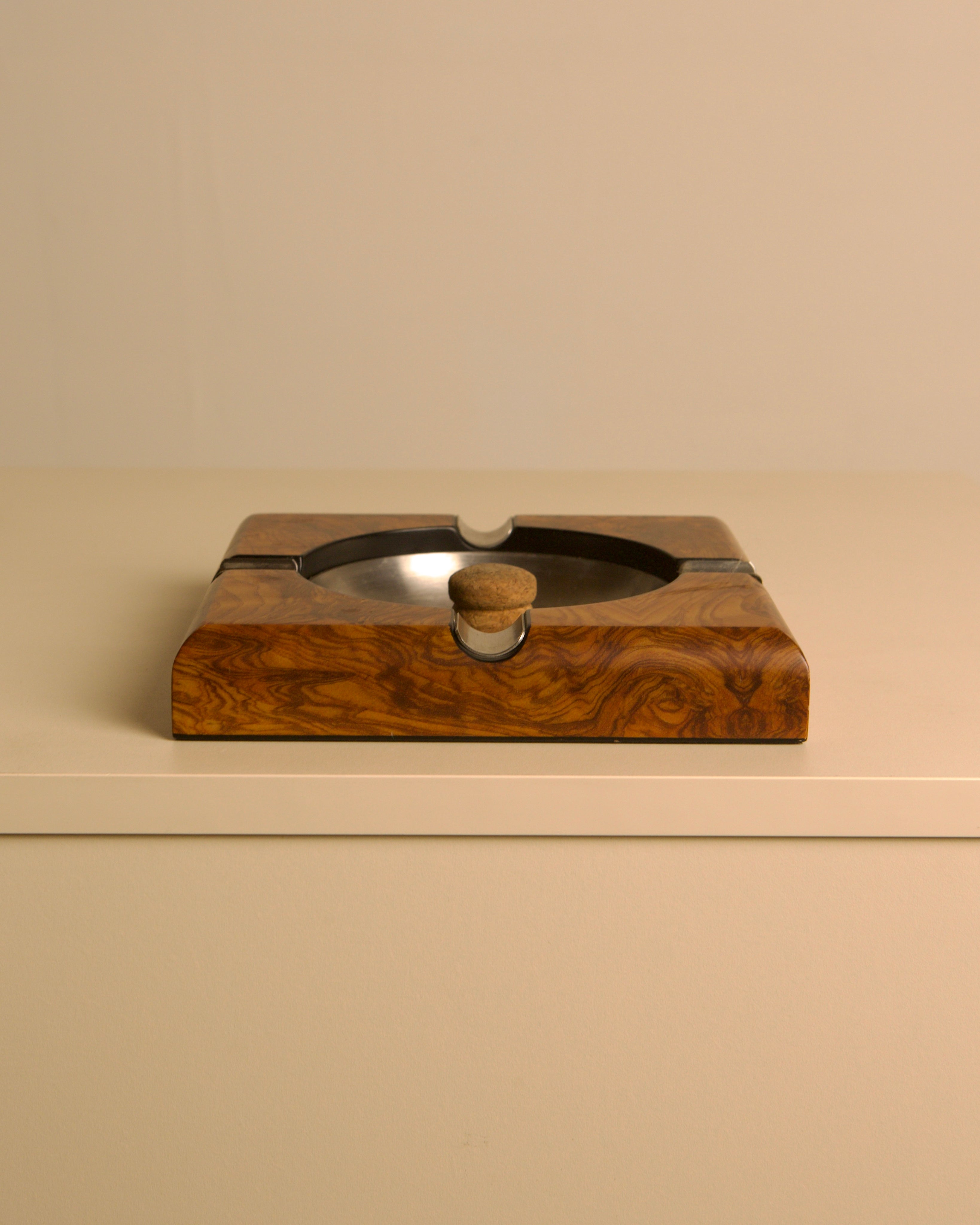 Burl walnut and metal ashtray, Italy, 1980s — detail view
