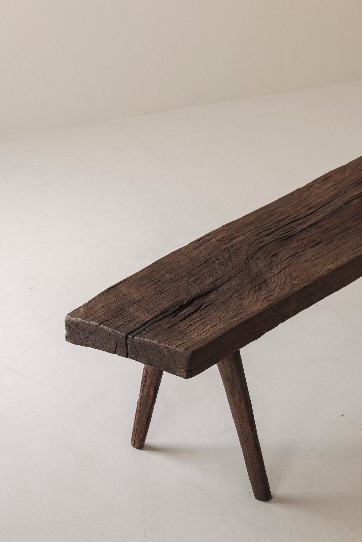 Primitive Rustic Bench in Oak, France, Early 20th Century — close-up