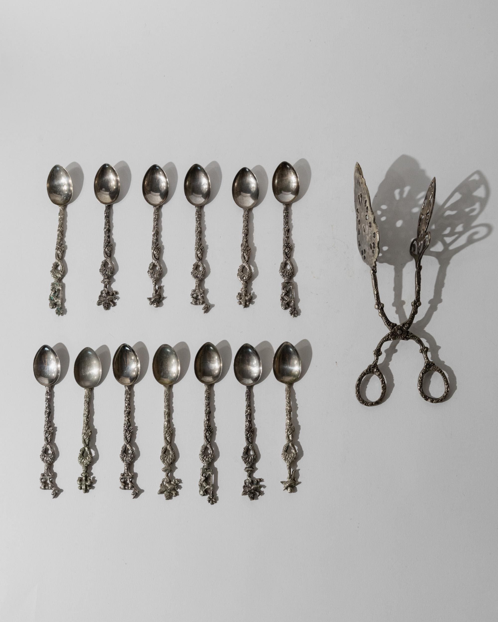 Vintage 1930s Silver Plated Tea and Cake Serving Set, 13 Ornate Spoons with Heraldic Figures and 1 Cake Server, Italian Tableware, Gift Idea — lifestyle setting