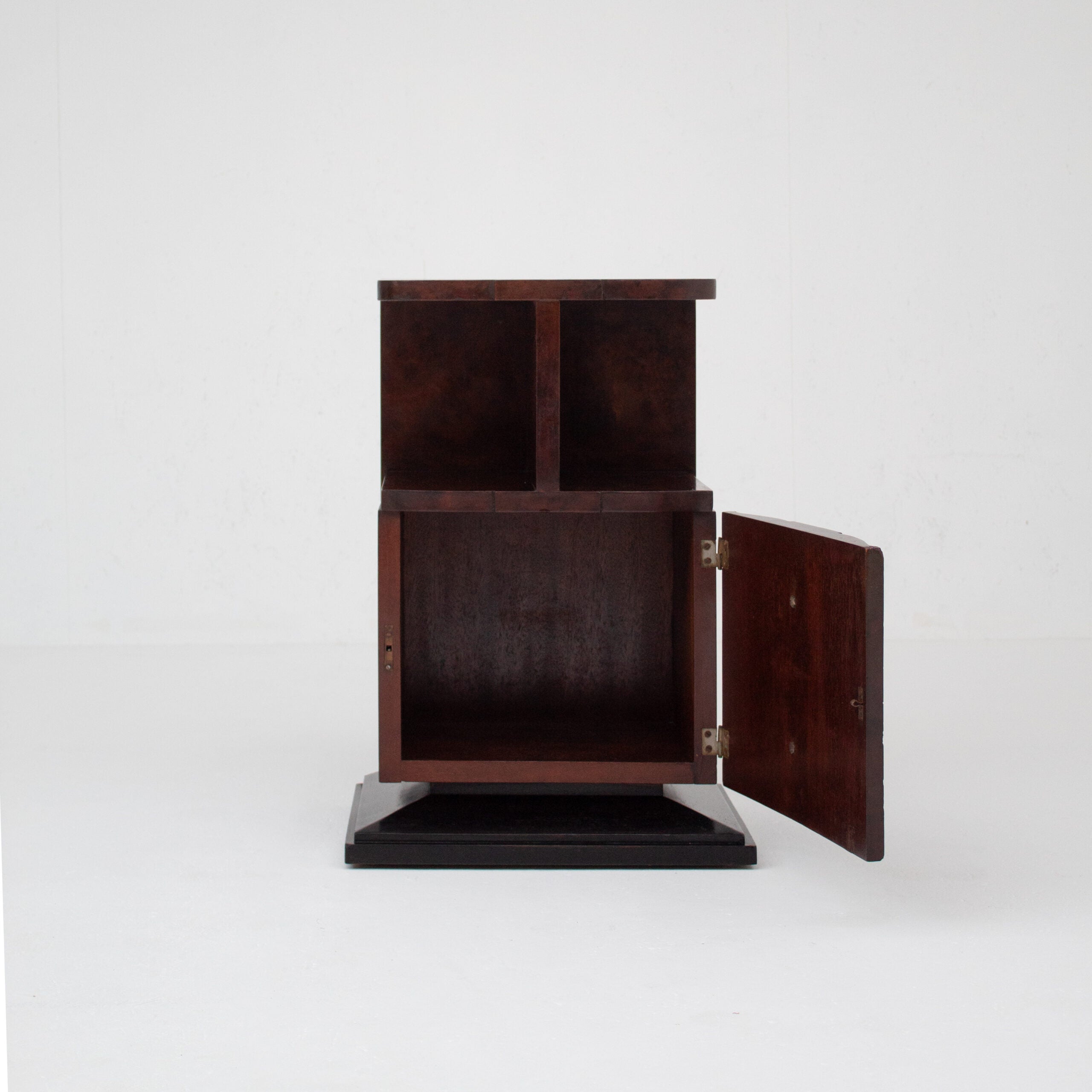 Art Deco Bedside Cabinet in Burr Walnut with Brass Hardware — side angle
