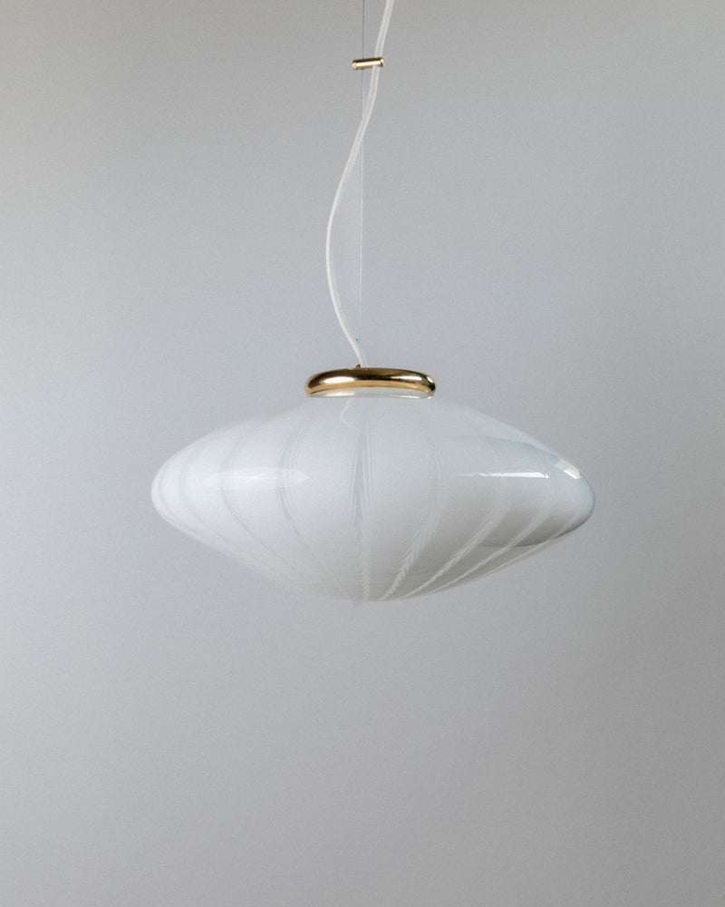 White Murano glass pendant lamp with gold rim, suspended view