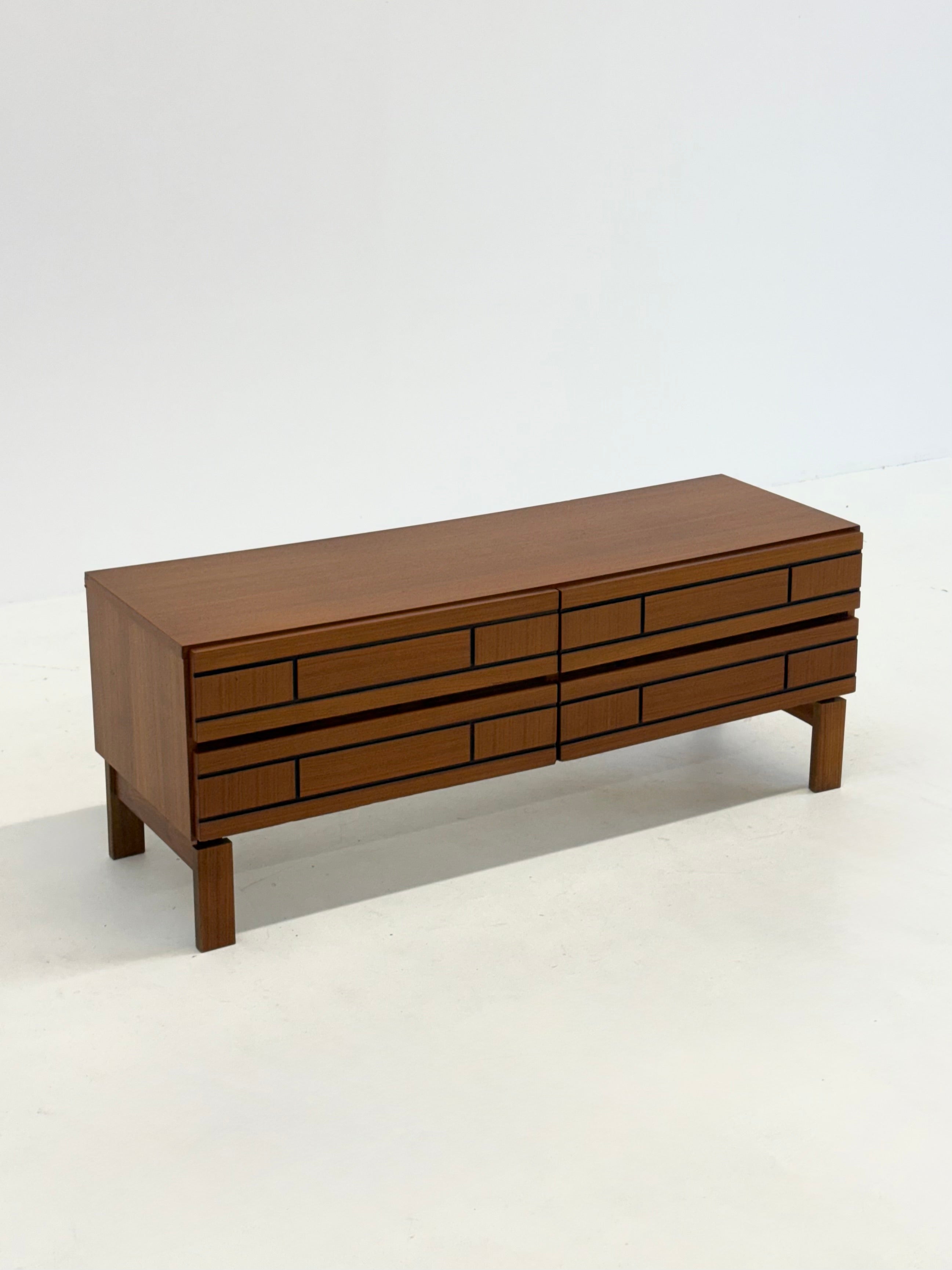 Low Italian wooden sideboard with graphic black lines — alternate view