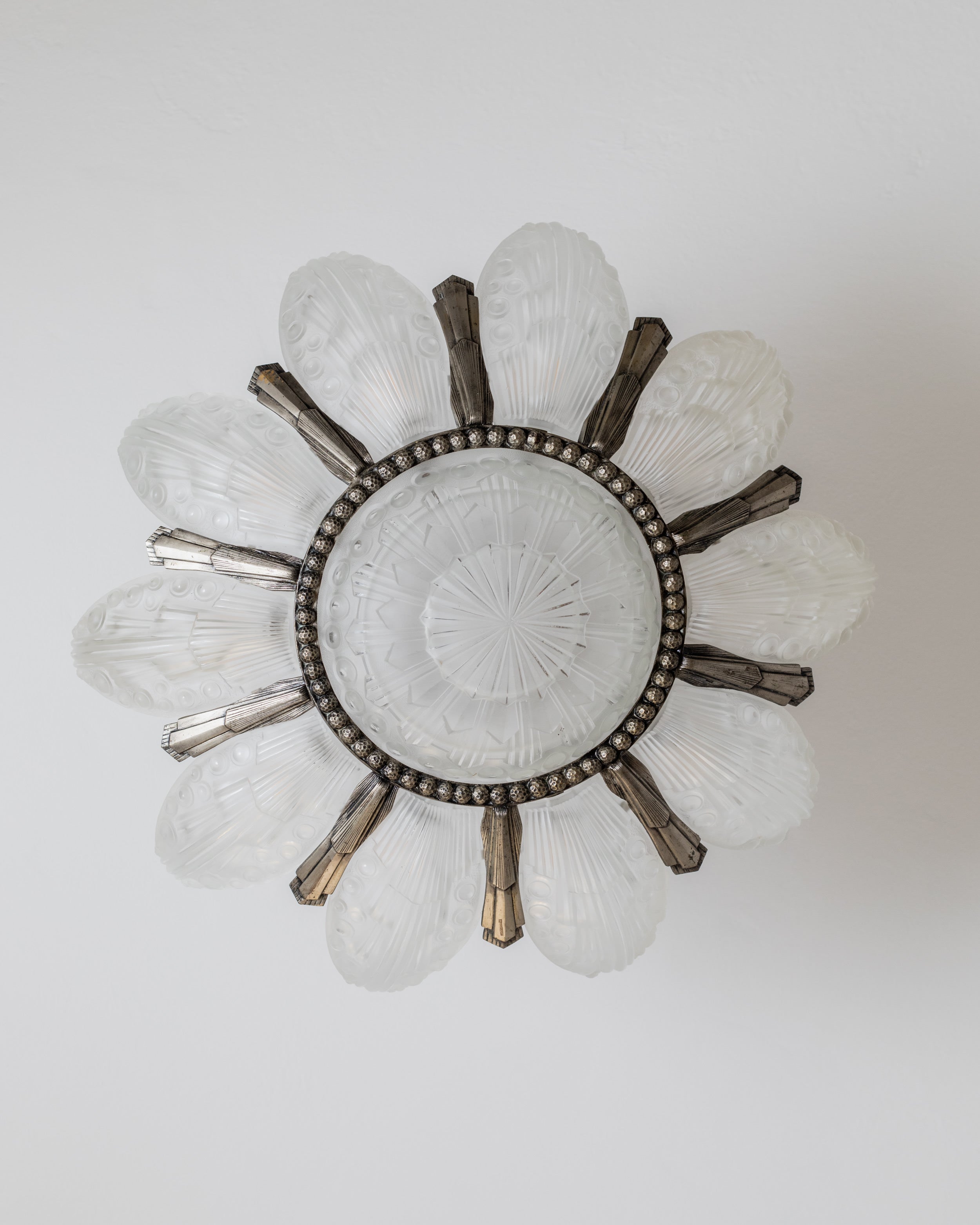 Art Deco chandelier with frosted glass petals and crystal rim