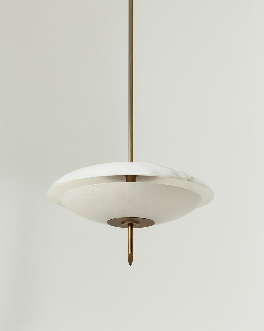 "COSMOS" Chandelier in alabaster and antiquated brushed brass — side angle