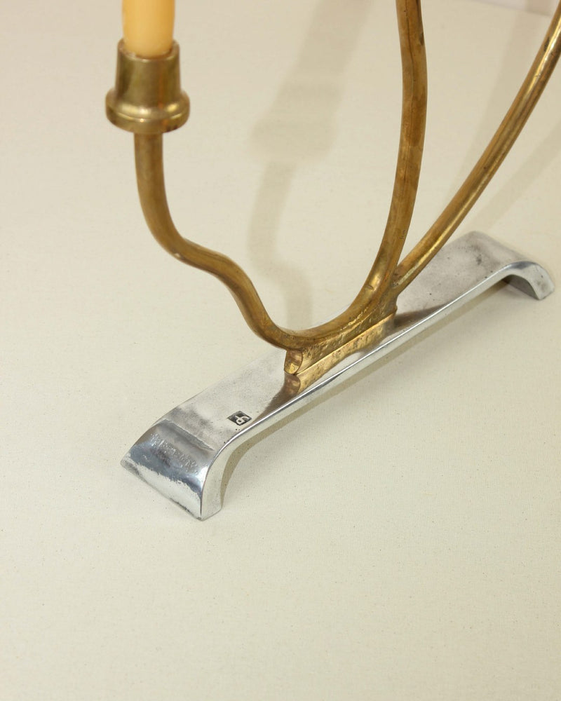 Brutalist Candleholder — close-up of brass and aluminum base