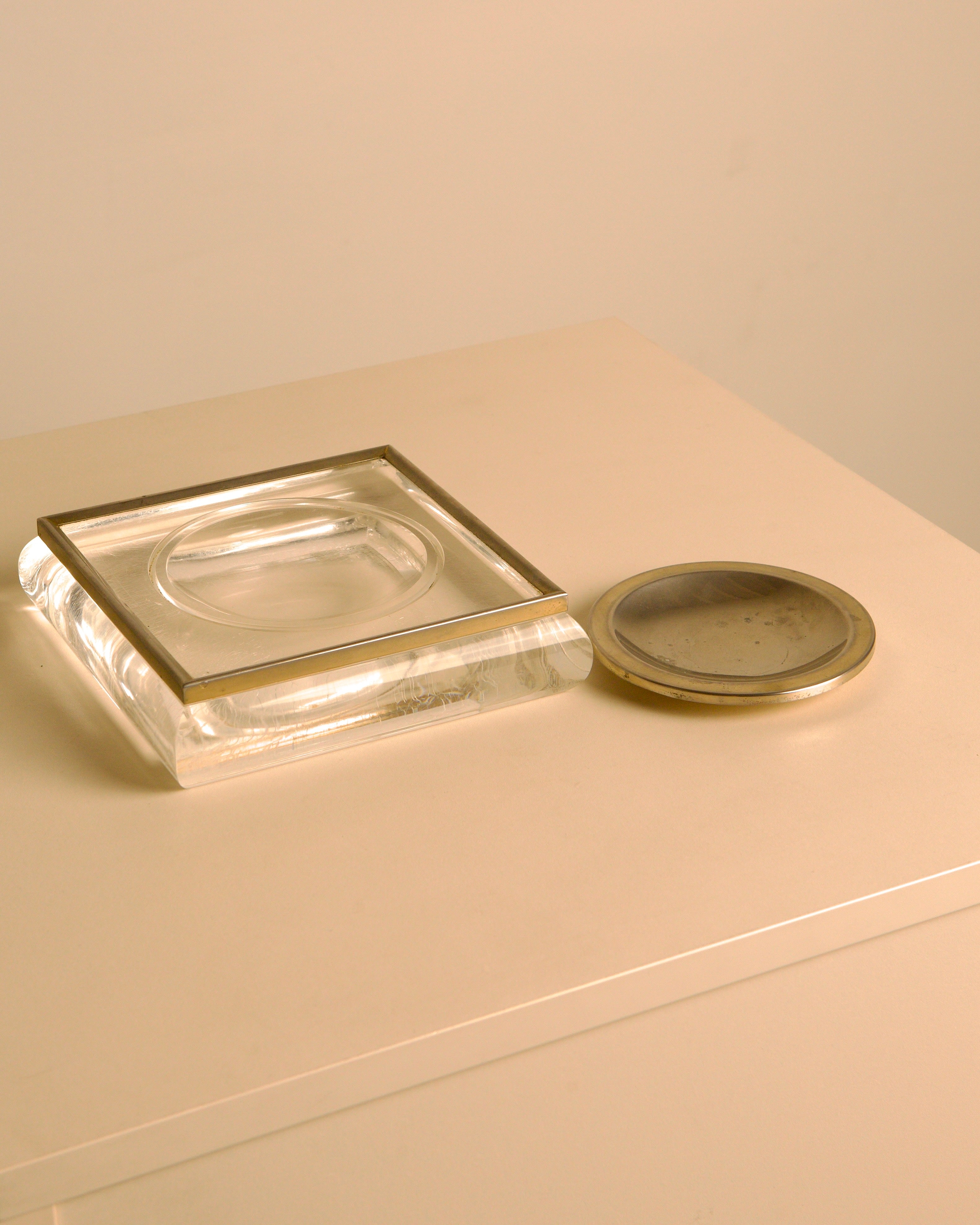 Italian square Plexiglas and metal catch-all tray, 1960s — close-up