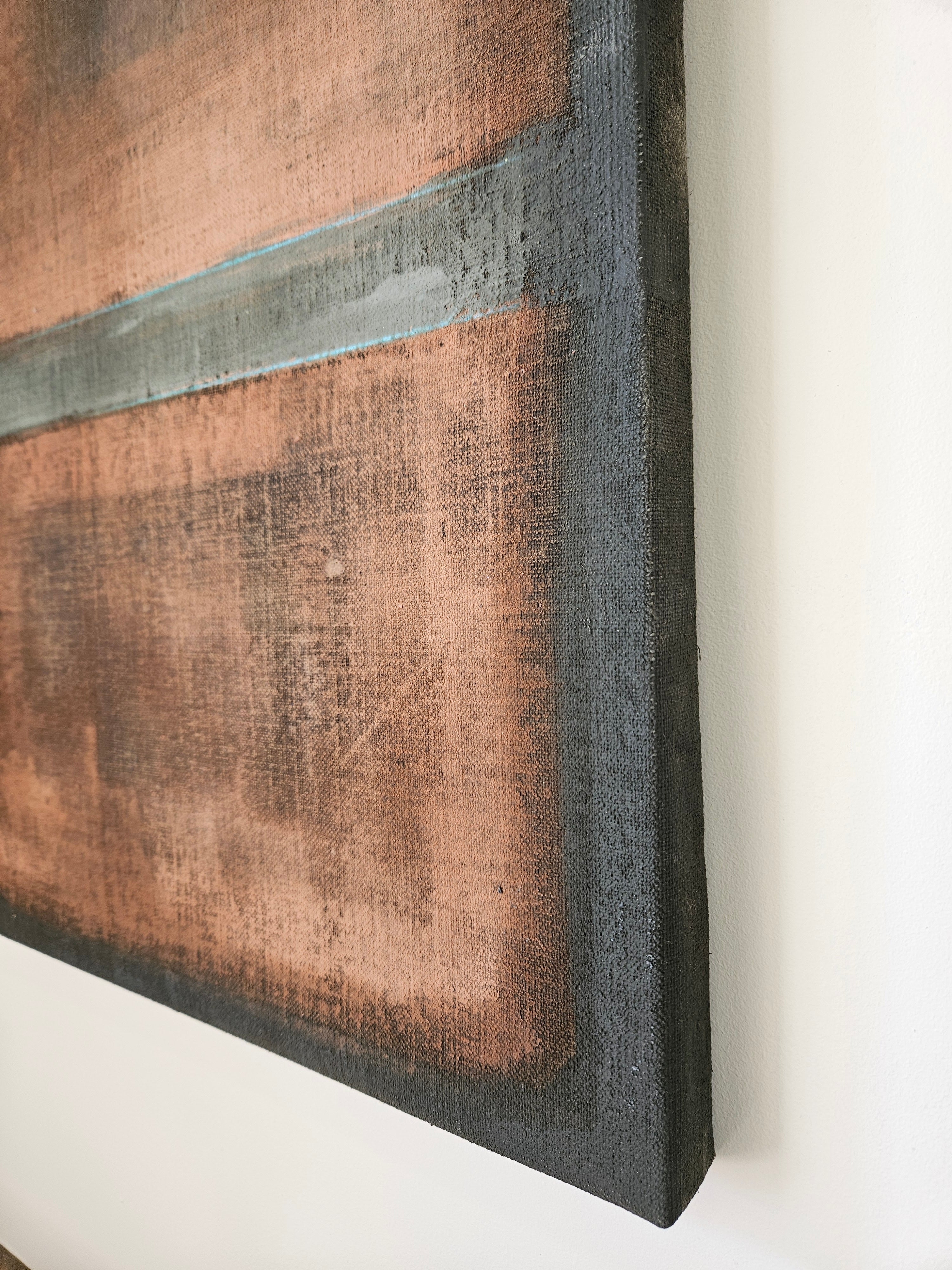 Painting on Canvas, Lime Paint and Oil, "between two fields" (60x40cm) — angled view highlighting textured canvas edge
